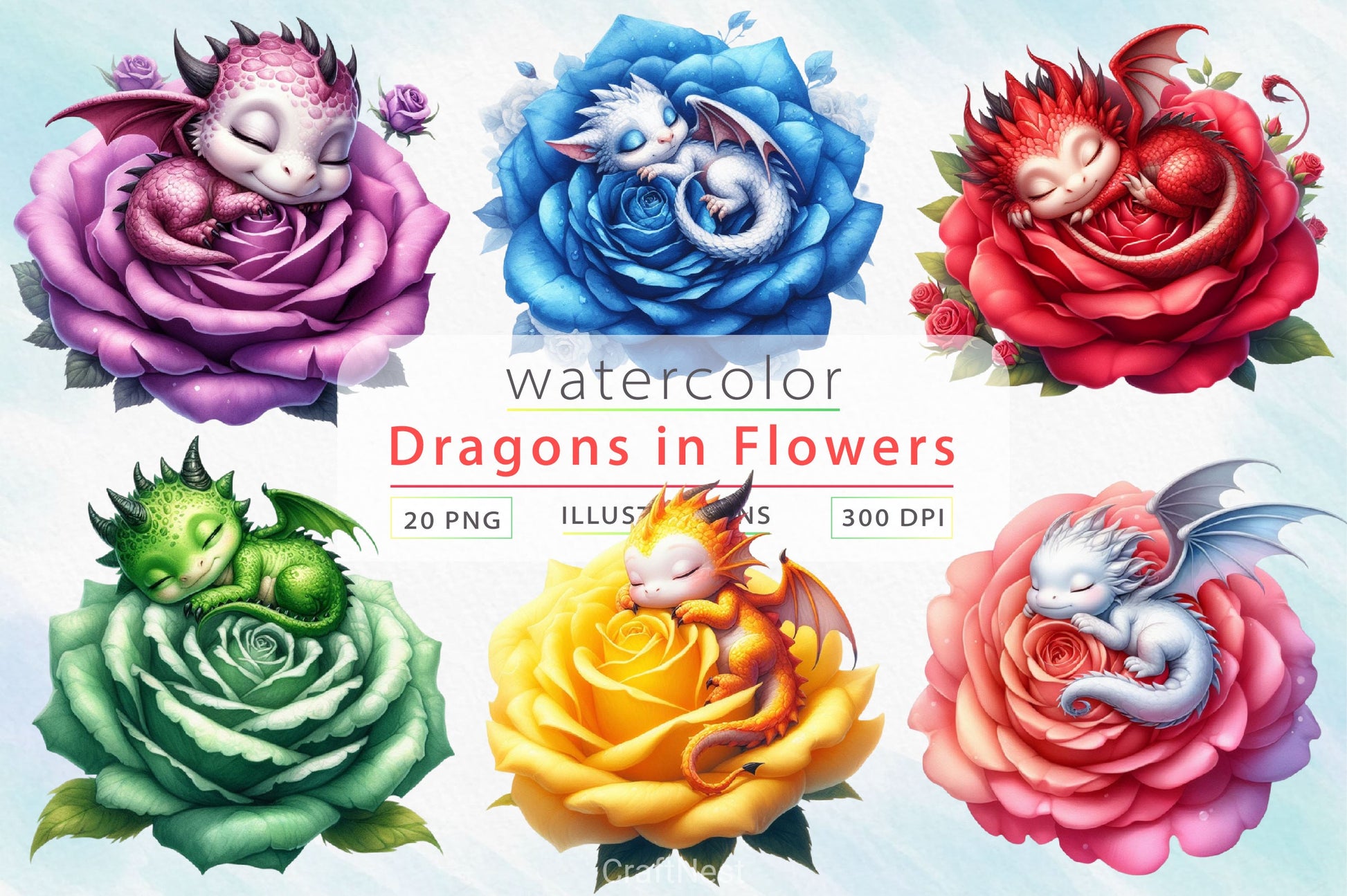 Baby Dragons In Flowers Clipart Bundle 2 - CraftNest - Digital Crafting and Art