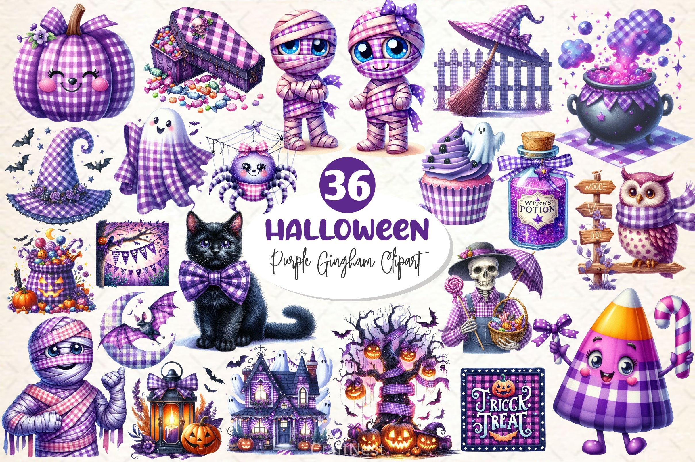 Purple Gingham Halloween Clipart Bundle - CraftNest - Digital Crafting and Art