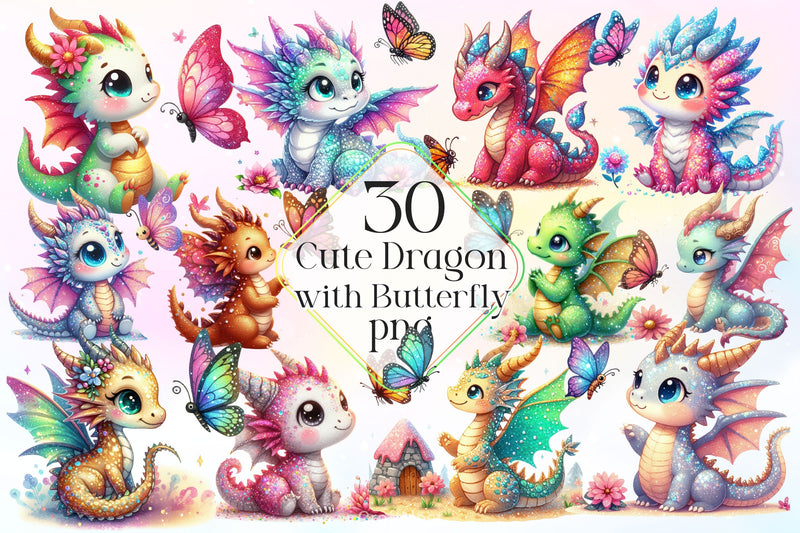 Cute Dragon With Butterfly Clipart Bundle 2 - CraftNest - Digital Crafting and Art
