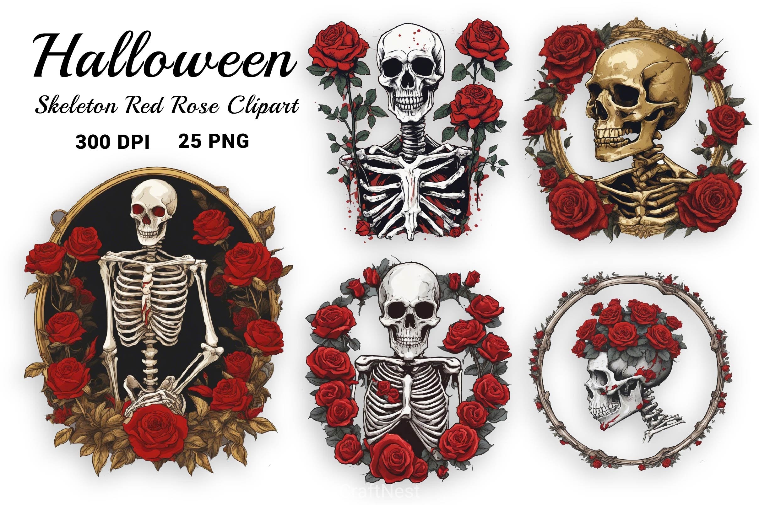 Halloween Skeleton Red Rose Clipart Bundle - CraftNest - Digital Crafting and Art