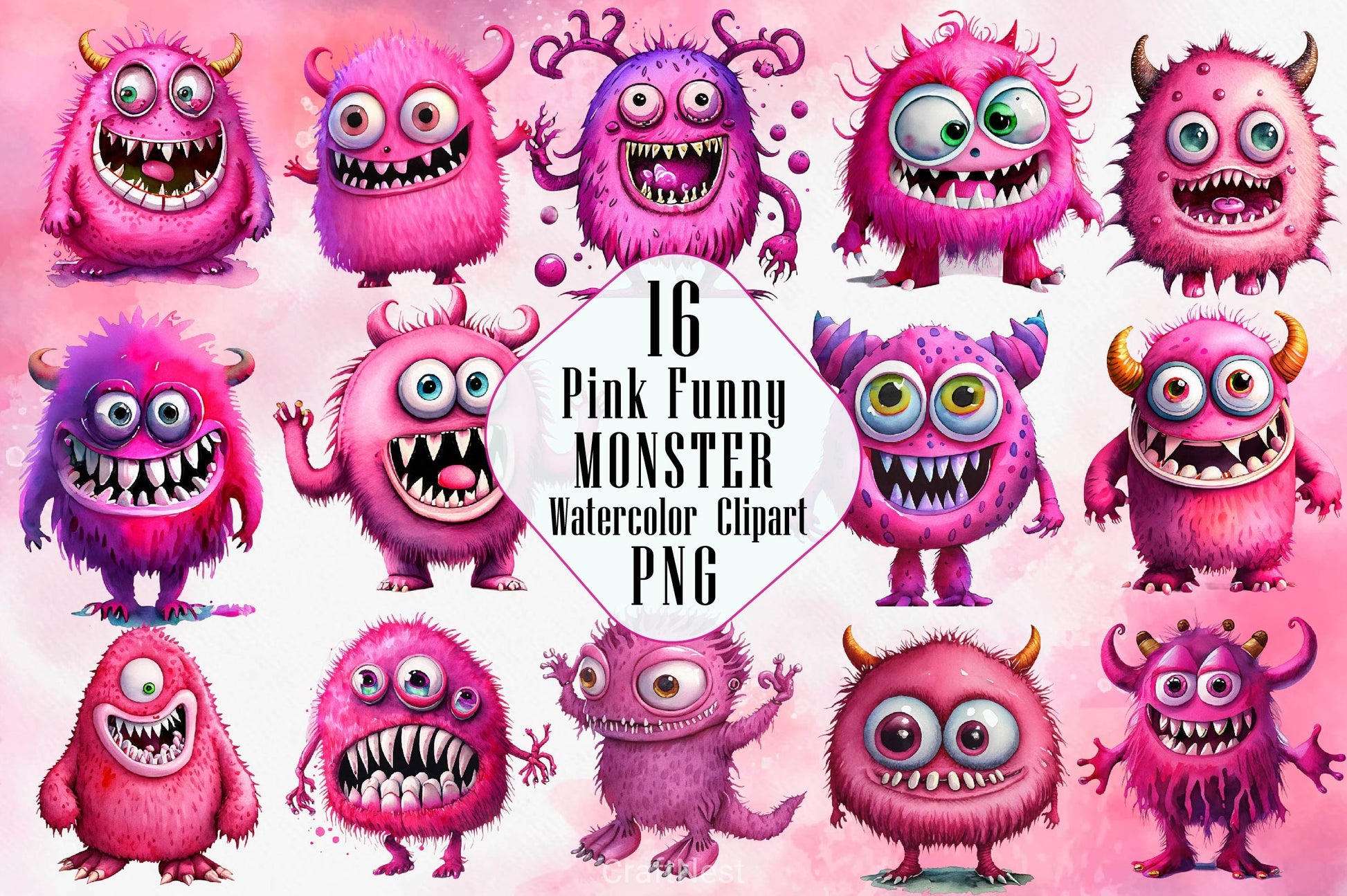 Pink Funny Monster 3D Clipart Bundle - CraftNest - Digital Crafting and Art