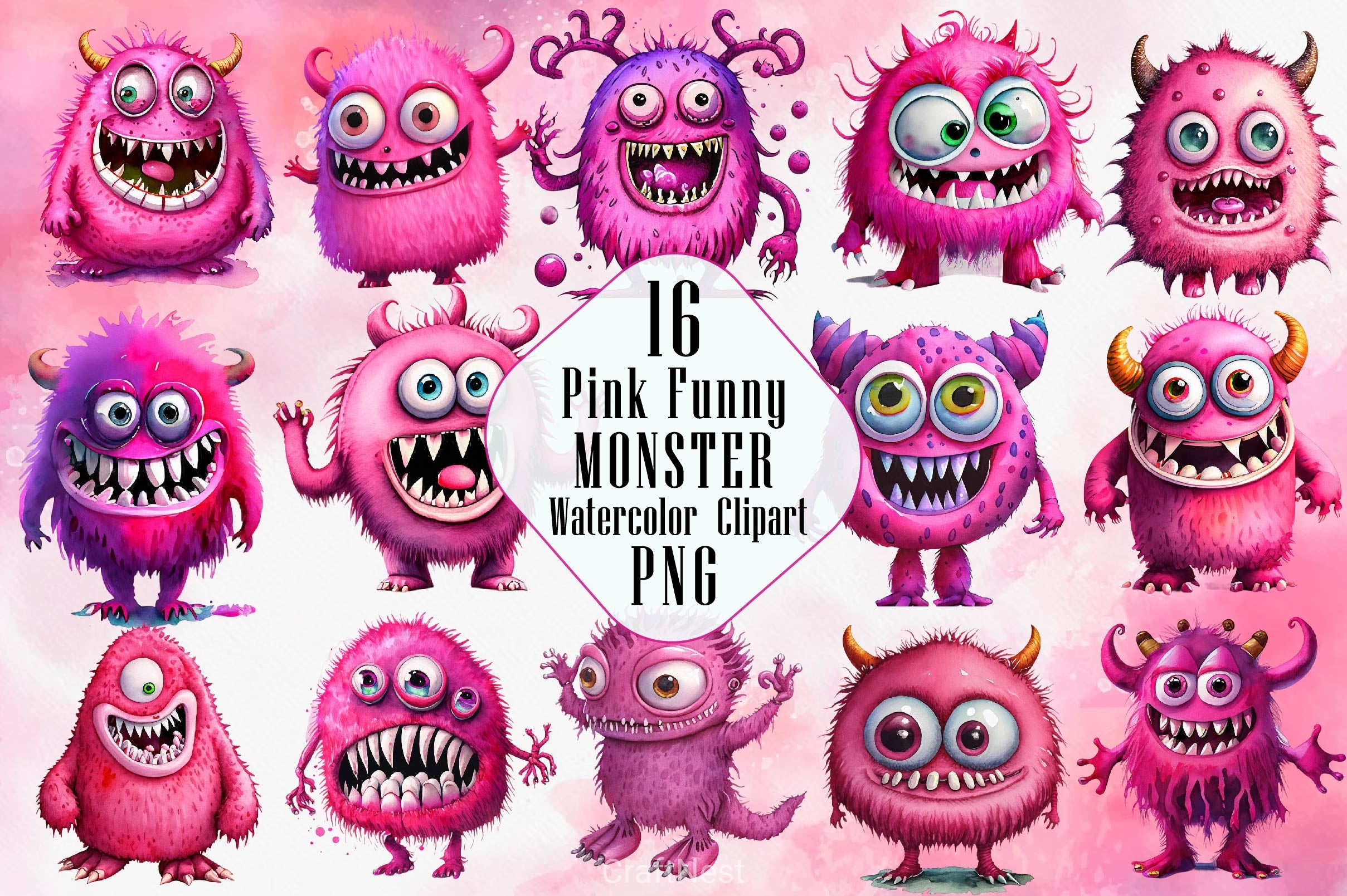 Pink Funny Monster 3D Clipart Bundle - CraftNest - Digital Crafting and Art