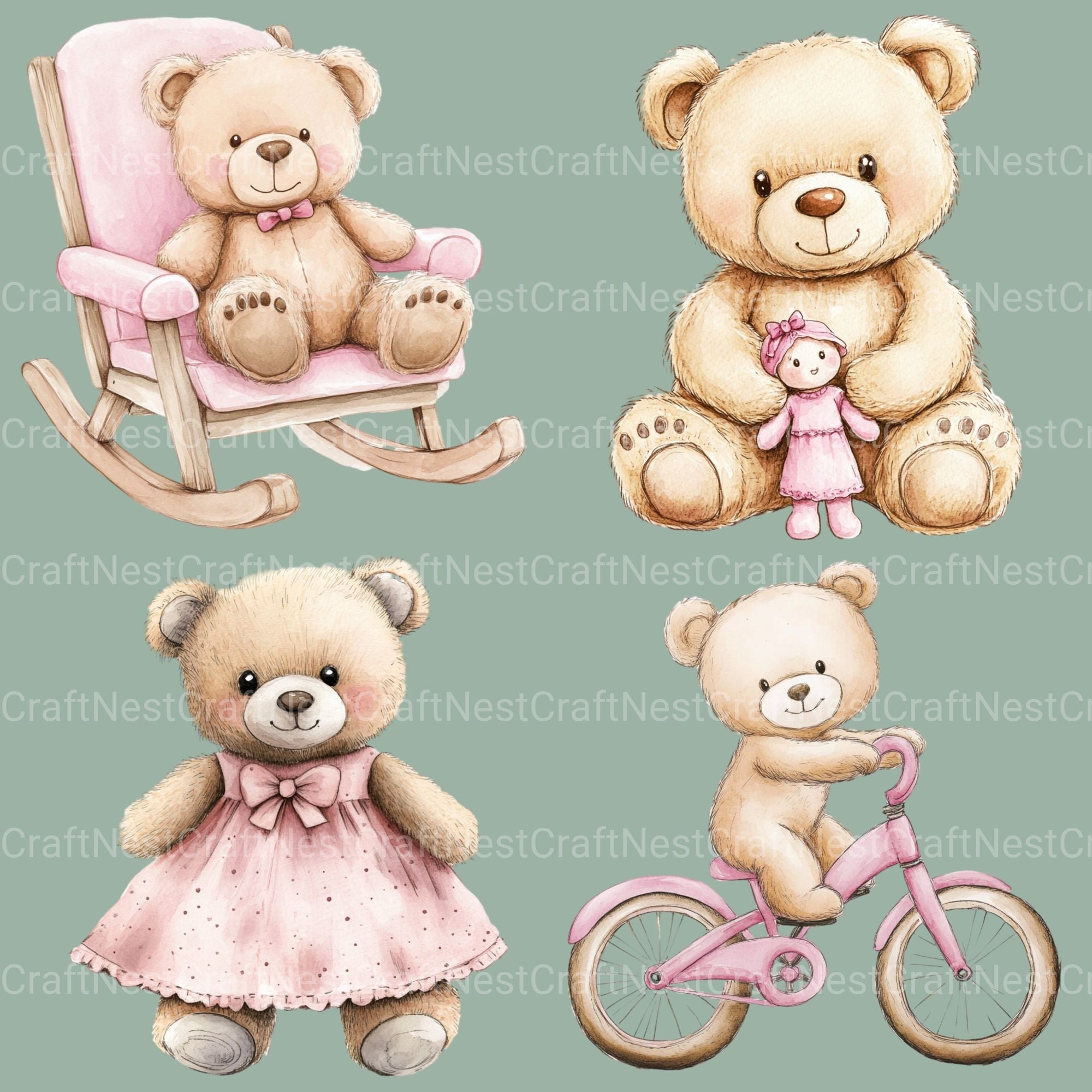 Pink Teddy Bear Clipart Bundle - CraftNest - Digital Crafting and Art