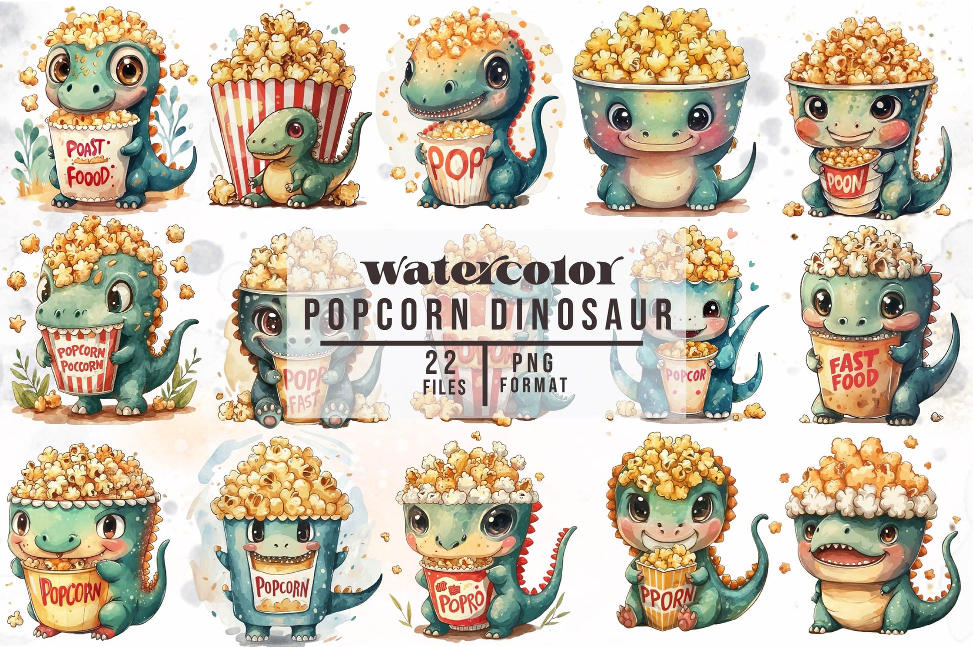 Cute Popcorn Dinosaur Fast Food Clipart Bundle - CraftNest - Digital Crafting and Art