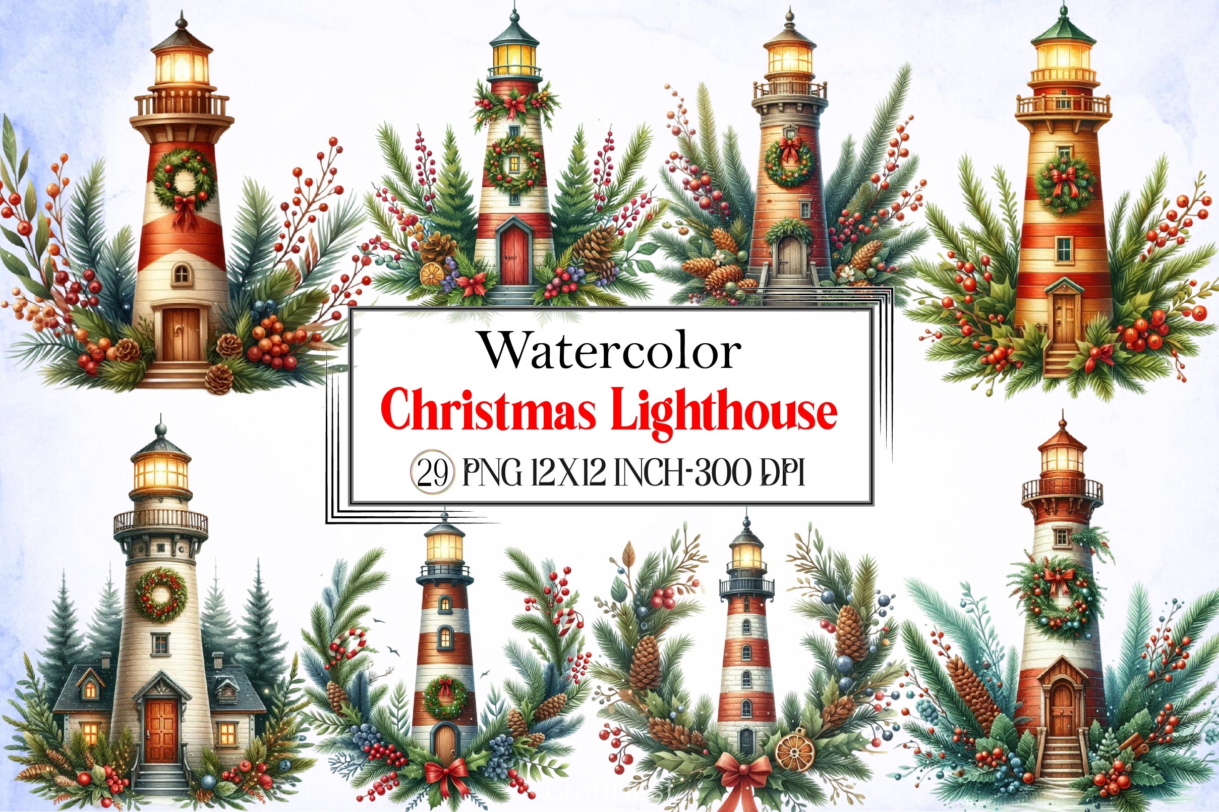 Christmas Lighthouse Clipart Bundle 2 - CraftNest - Digital Crafting and Art