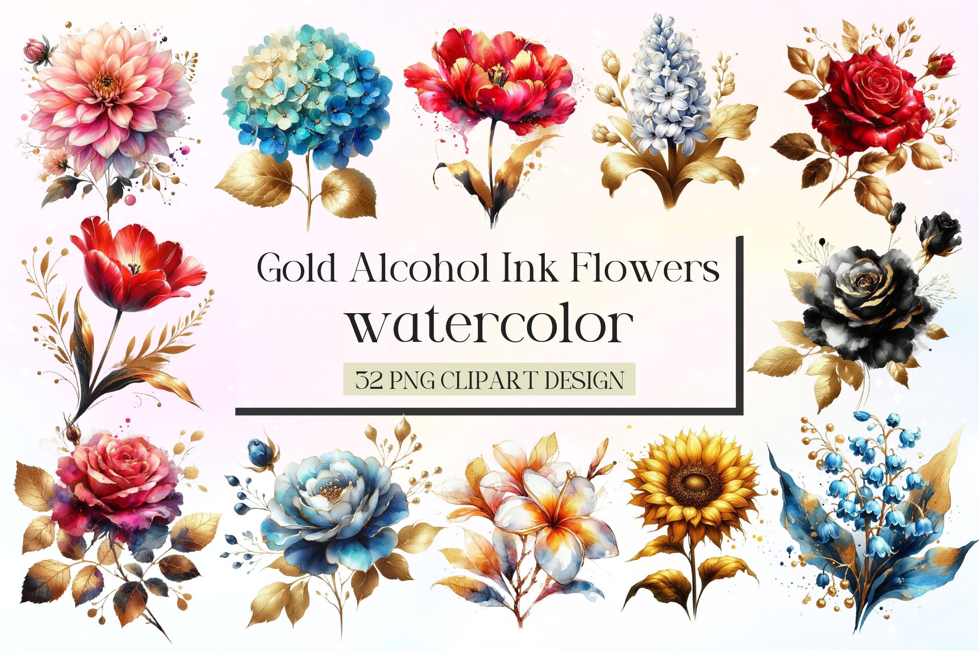 Gold Alcohol Ink Flowers Clipart Bundle - CraftNest - Digital Crafting and Art