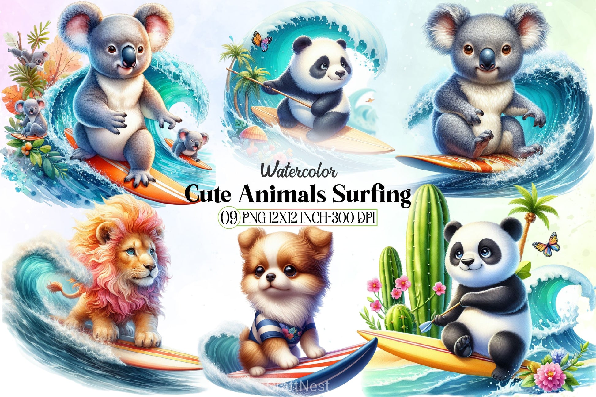 Cute Animals Surfing Clipart Bundle - CraftNest - Digital Crafting and Art