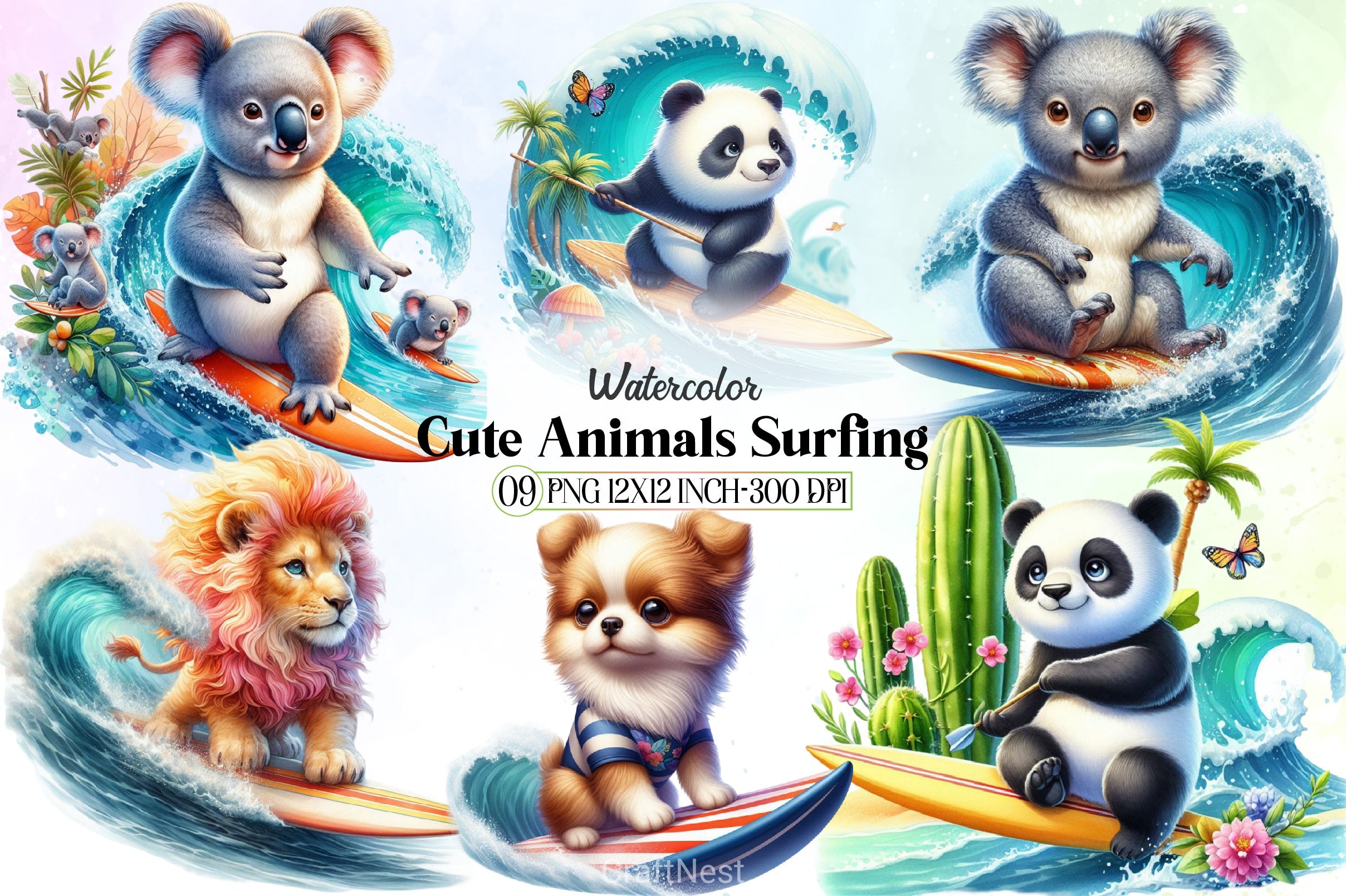 Cute Animals Surfing Clipart Bundle - CraftNest - Digital Crafting and Art