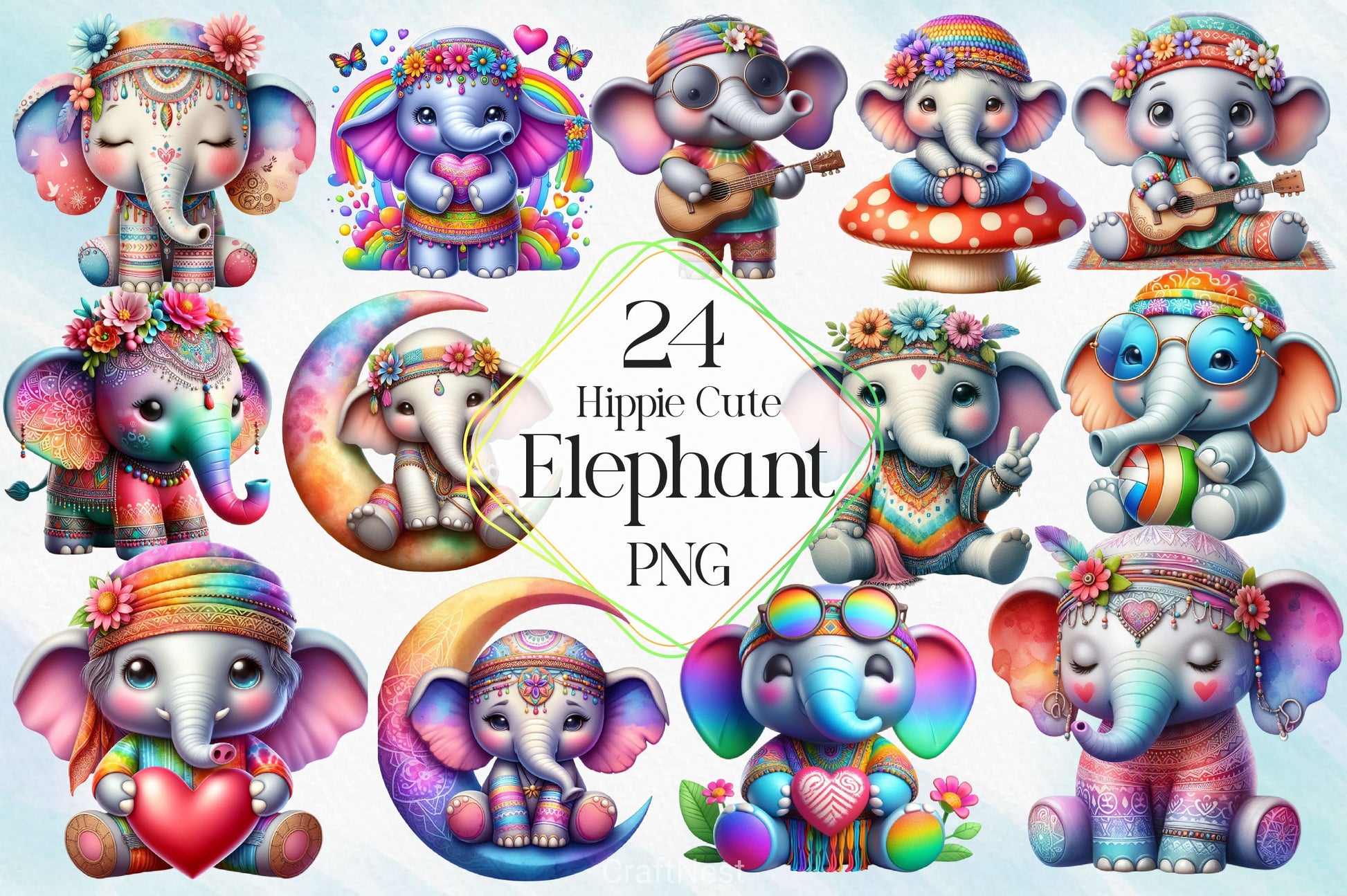 Hippie Cute Elephant Clipart Bundle - CraftNest - Digital Crafting and Art