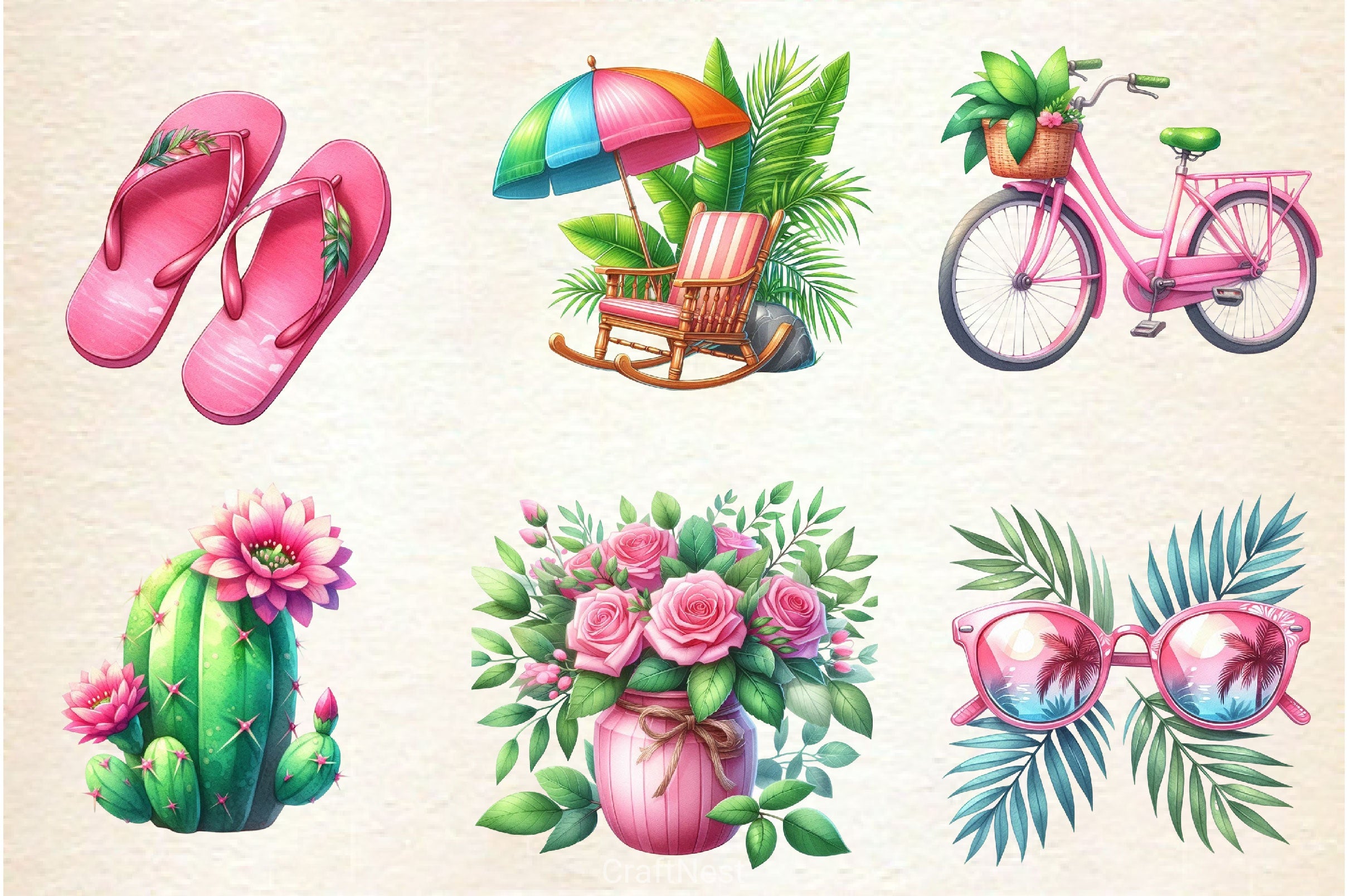 Green & Pink Summer Clipart Bundle 4 - CraftNest - Digital Crafting and Art