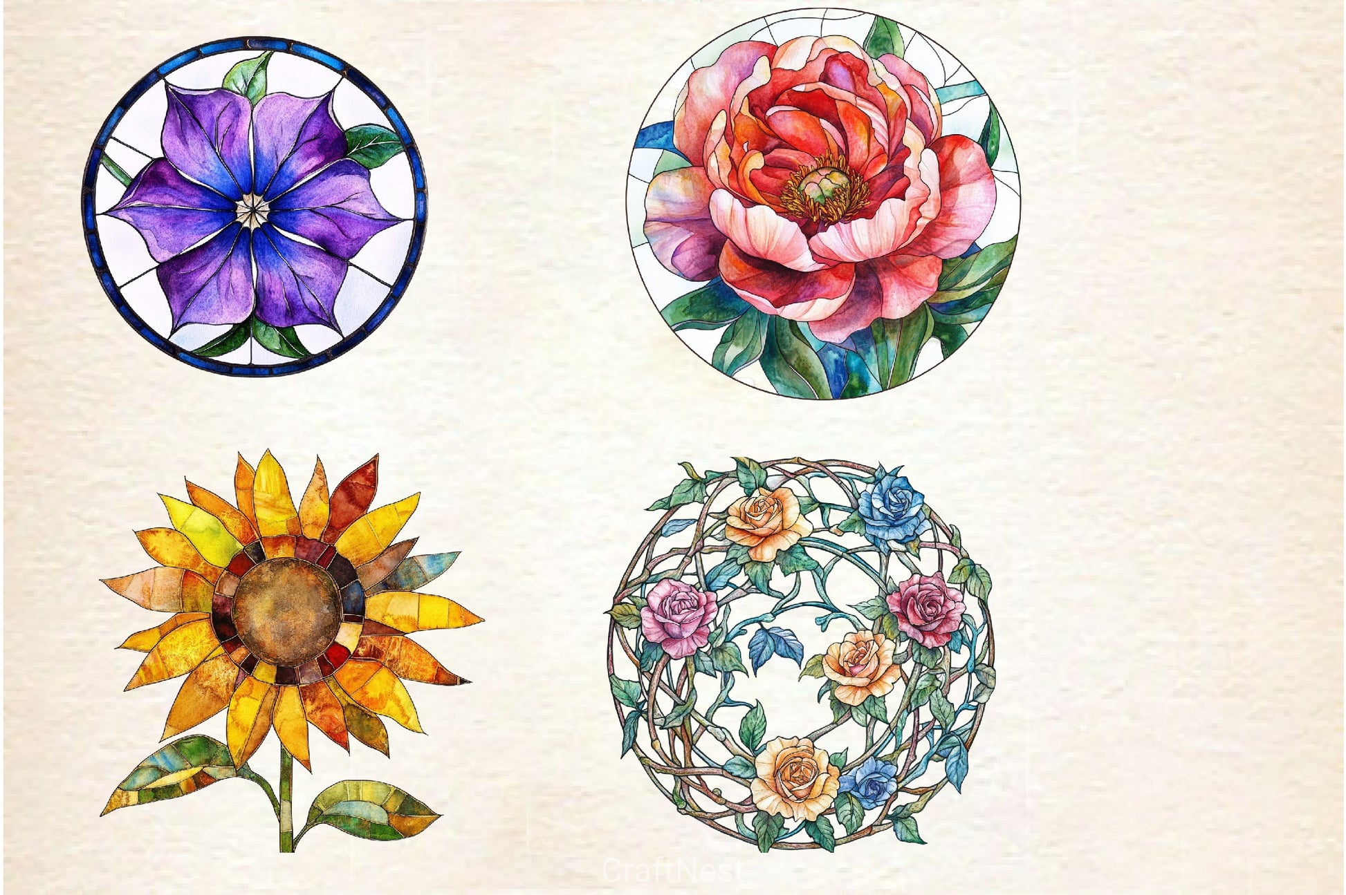 Stained Glass Spring Flowers Clipart Bundle - CraftNest - Digital Crafting and Art