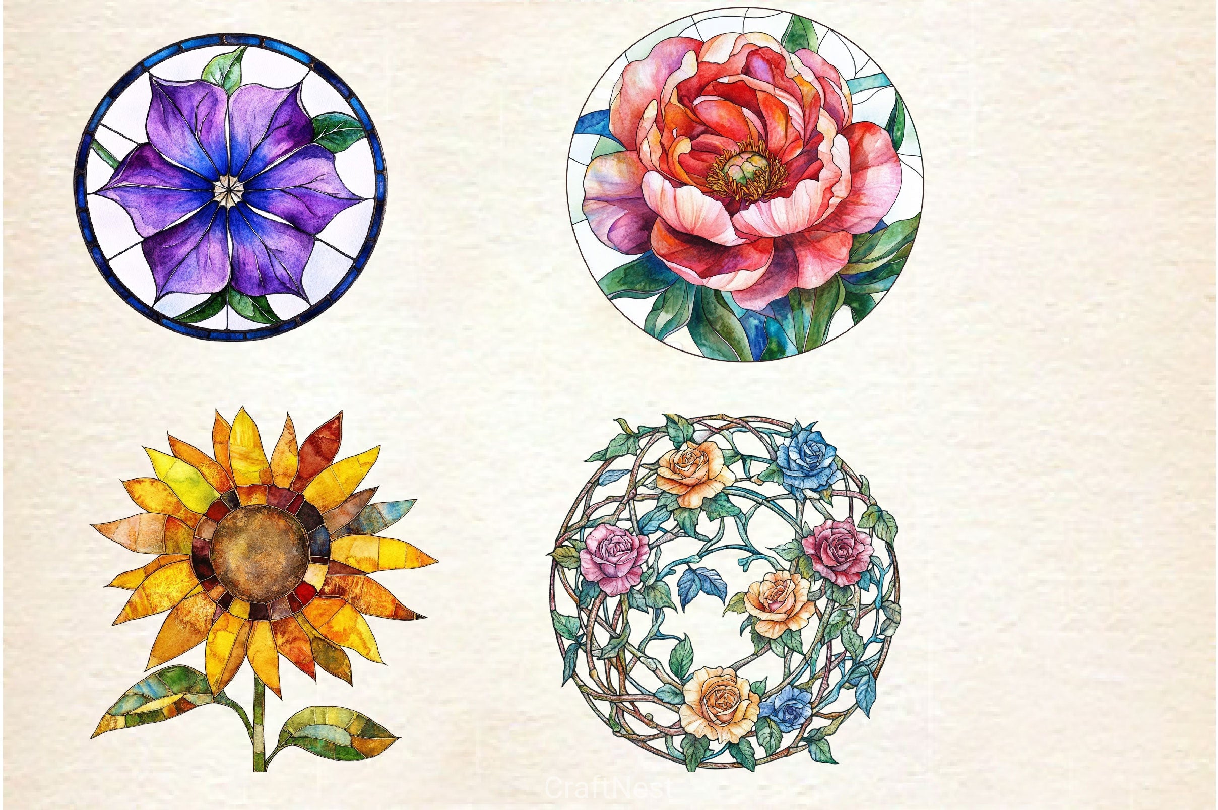 Stained Glass Spring Flowers Clipart Bundle - CraftNest - Digital Crafting and Art