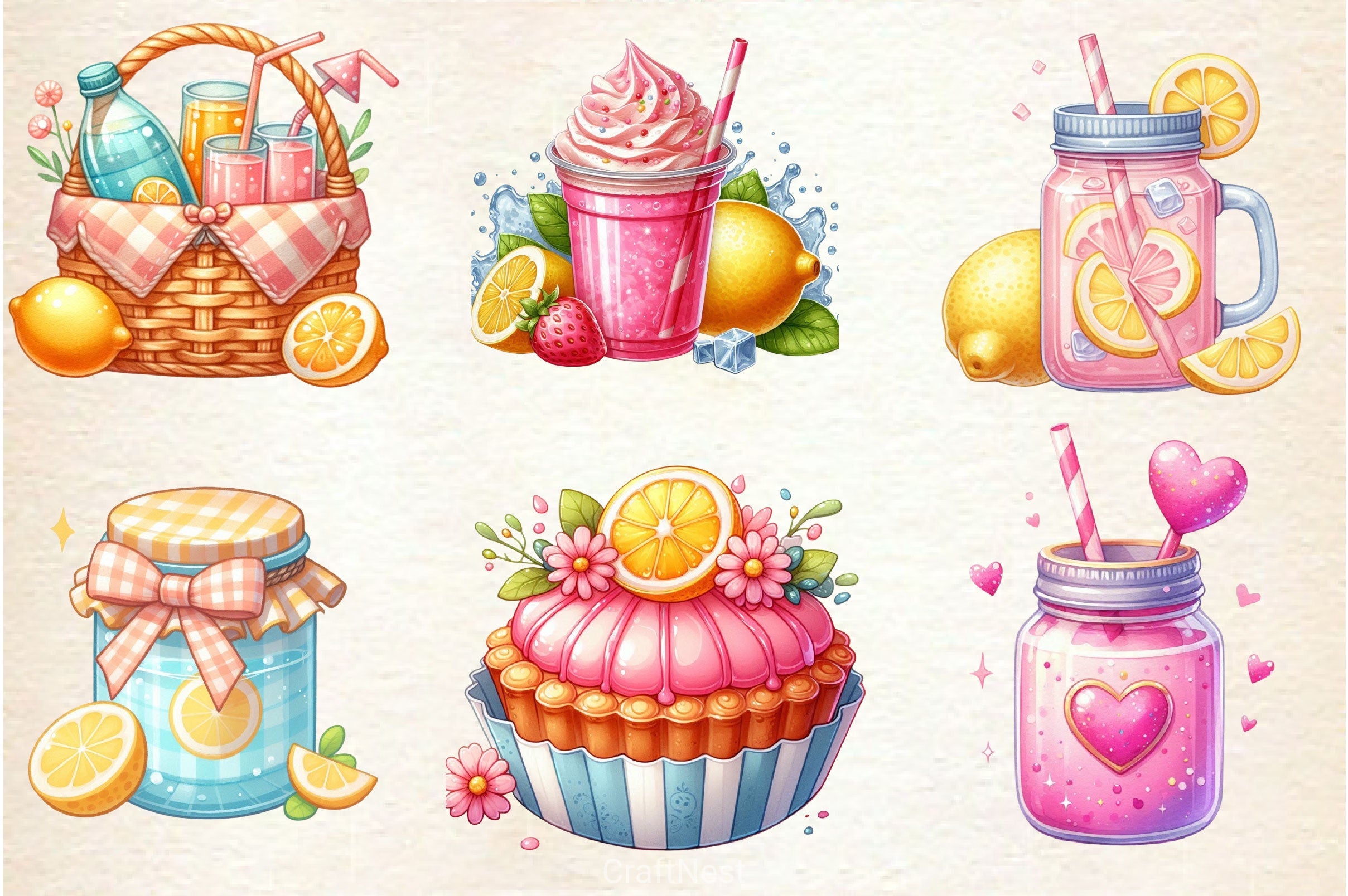 Pastel Pink Lemonade Summer Clipart Bundle - CraftNest - Digital Crafting and Art