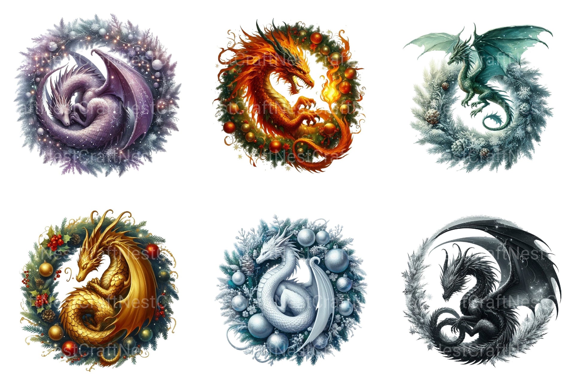 Christmas Dragons Holiday Wreath Clipart Bundle - CraftNest - Digital Crafting and Art