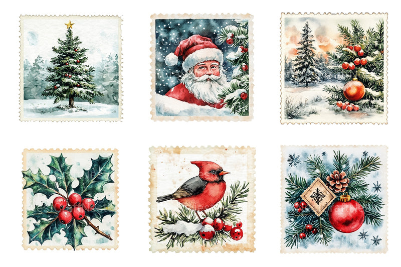 Vintage Christmas Stamps: Retro Santa, Snowman, Tree Clipart Bundle 98 - CraftNest - Digital Crafting and Art