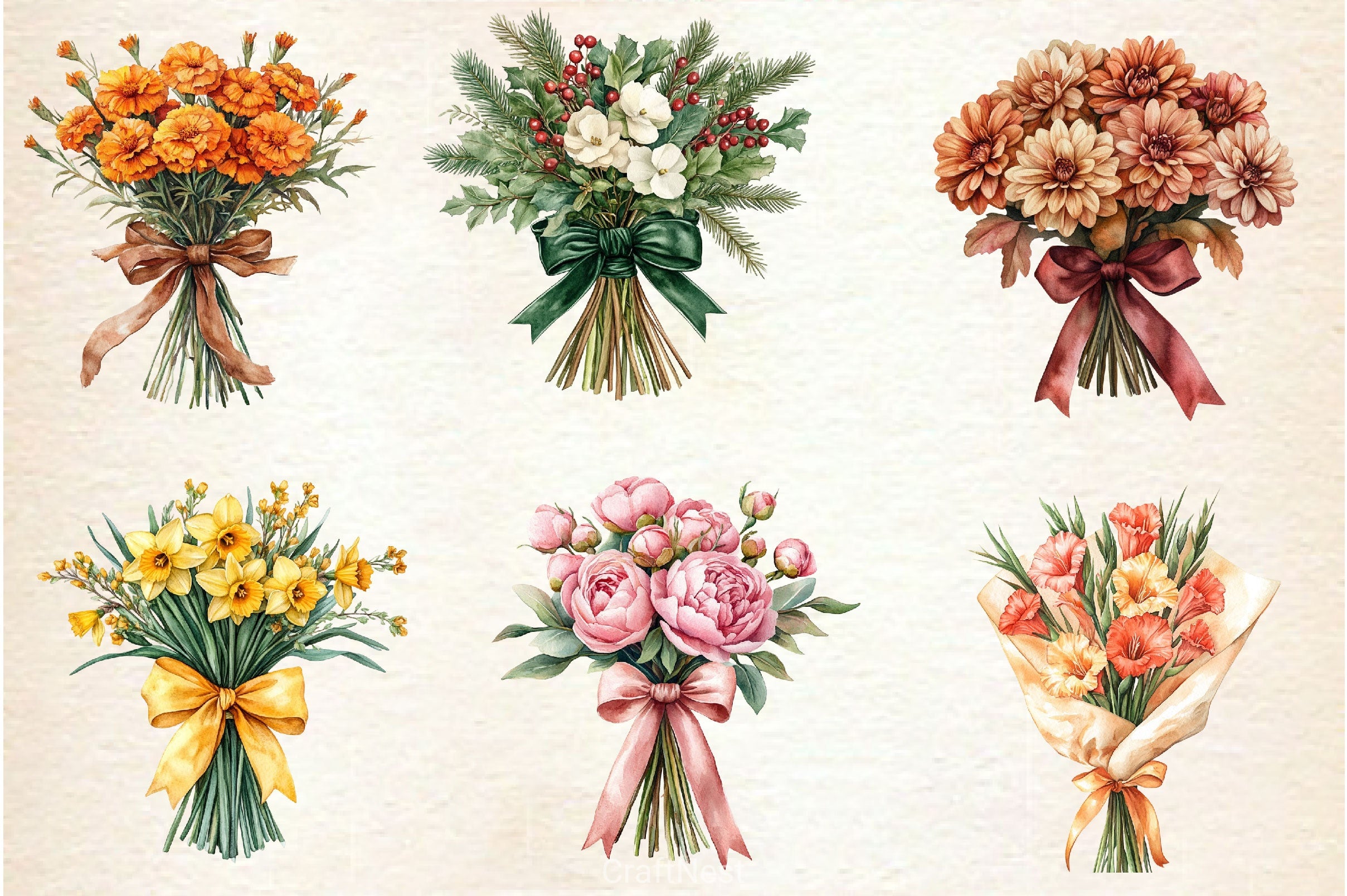 Coquette Birth Month Flowers Bouquet Clipart Bundle - CraftNest - Digital Crafting and Art