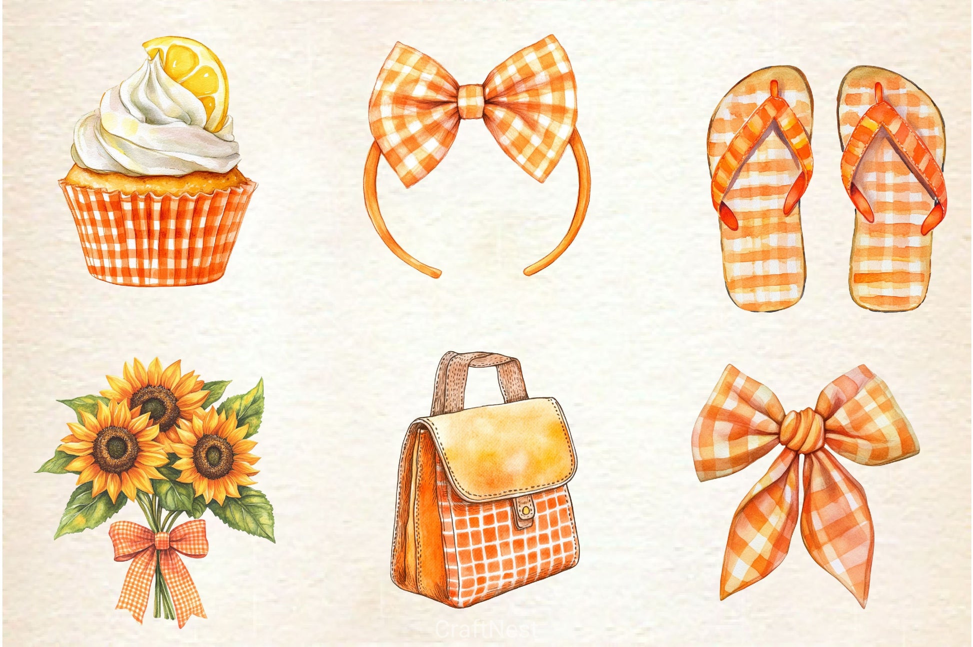 Orange Gingham Summer Clipart Bundle - CraftNest - Digital Crafting and Art