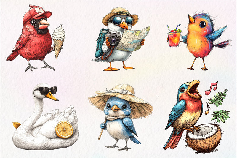 Quirky Whimsical Summer Birds Clipart Bundle - CraftNest - Digital Crafting and Art