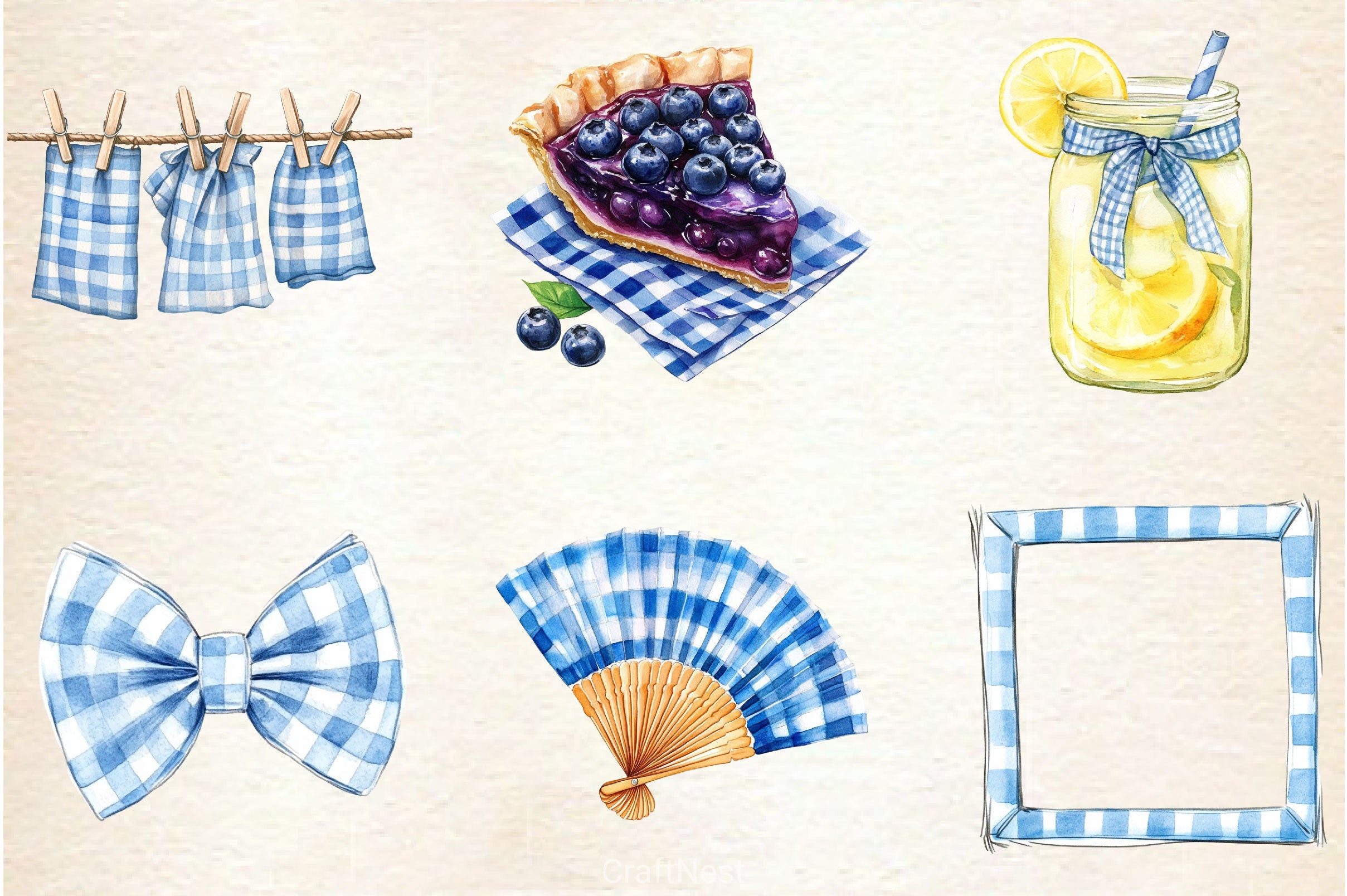 Blue Gingham Summer Clipart Bundle - CraftNest - Digital Crafting and Art
