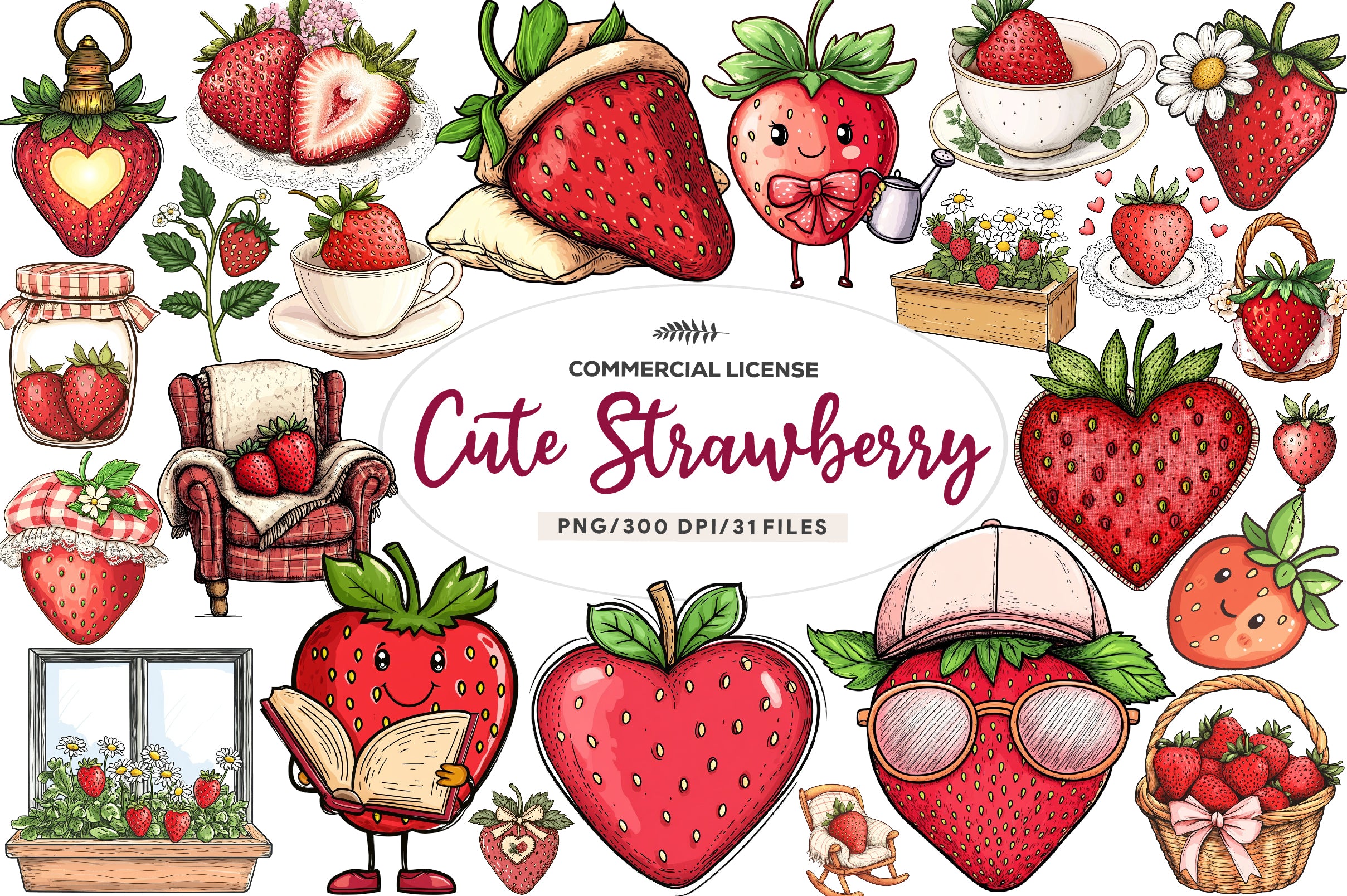 Cute Cottagecore Strawberry Clipart Bundle - CraftNest - Digital Crafting and Art
