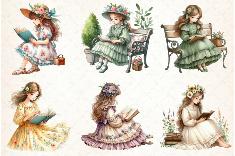 Floral Dress Girl Reading Clipart Bundle - CraftNest - Digital Crafting and Art