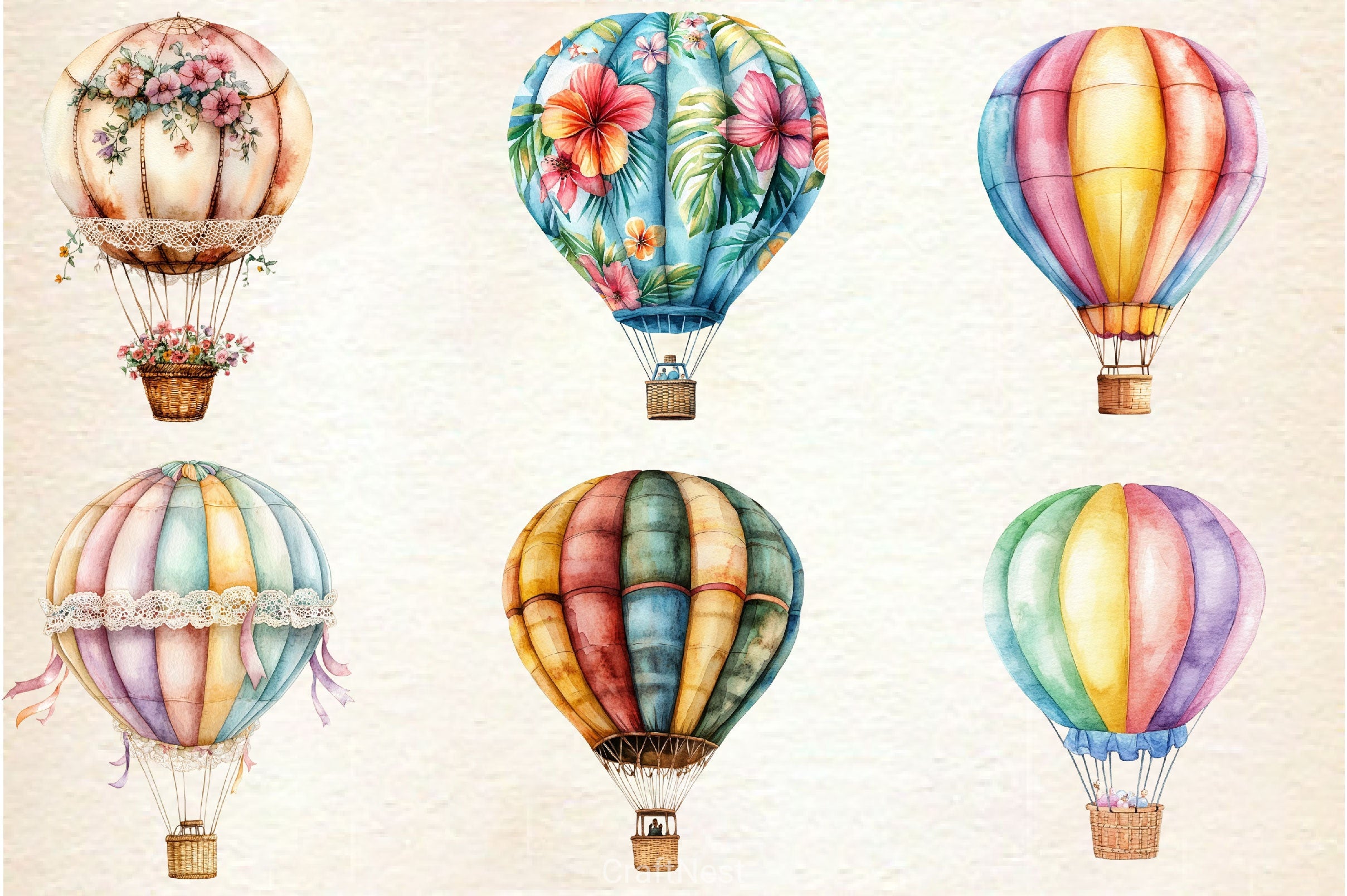Summer Whimsical Hot Air Balloons Clipart Bundle - CraftNest - Digital Crafting and Art