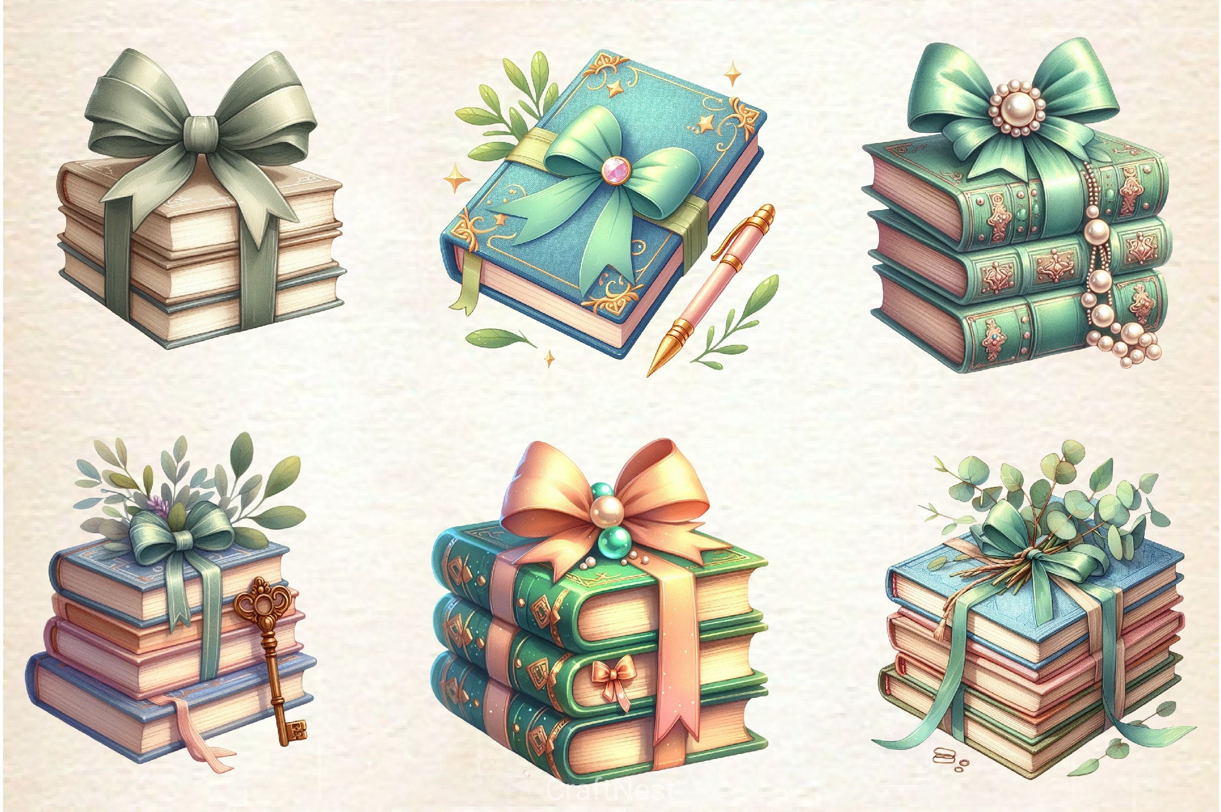 Sage Coquette Bow Book Stack Clipart Bundle - CraftNest - Digital Crafting and Art