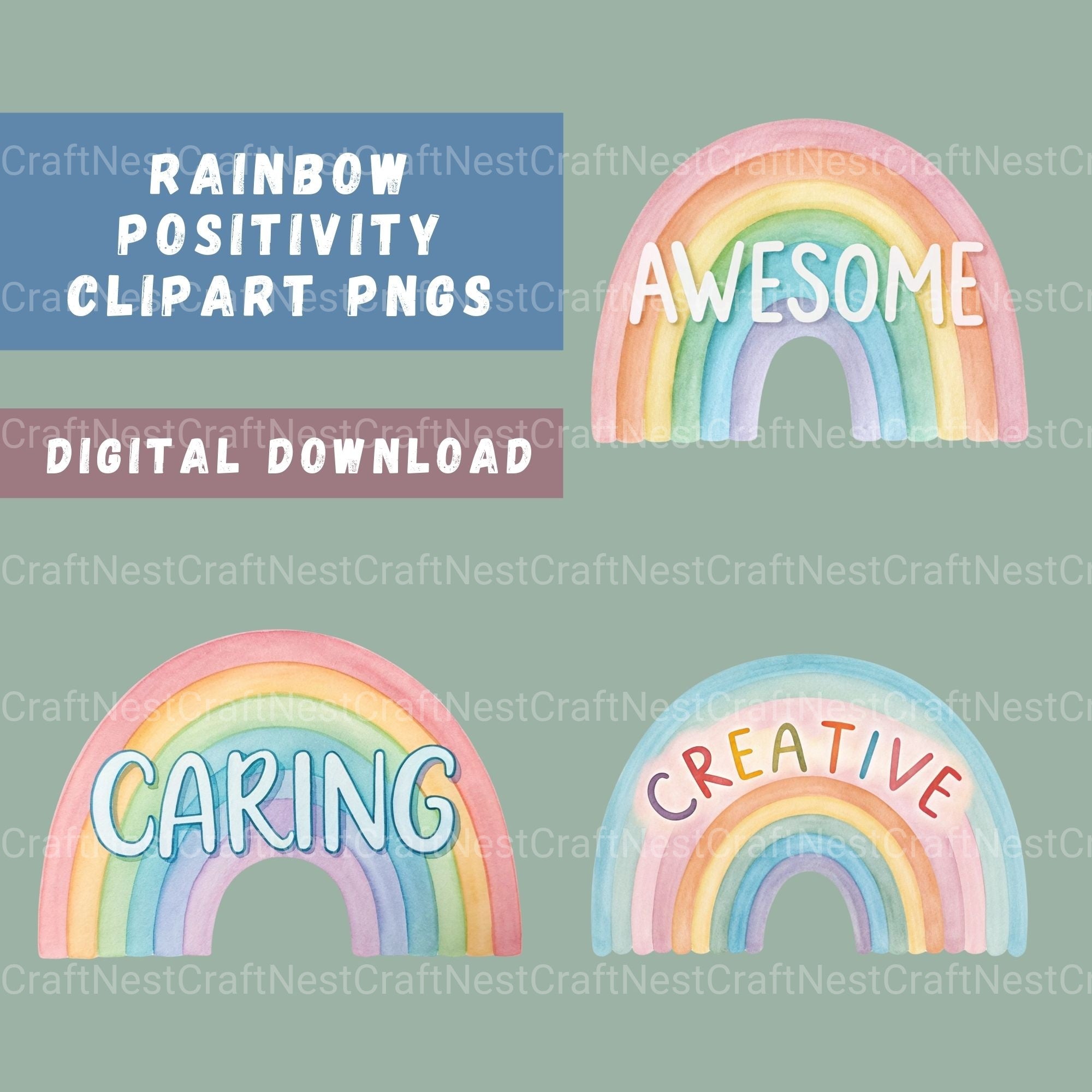 Rainbows Positive Words Clipart Bundle - CraftNest - Digital Crafting and Art