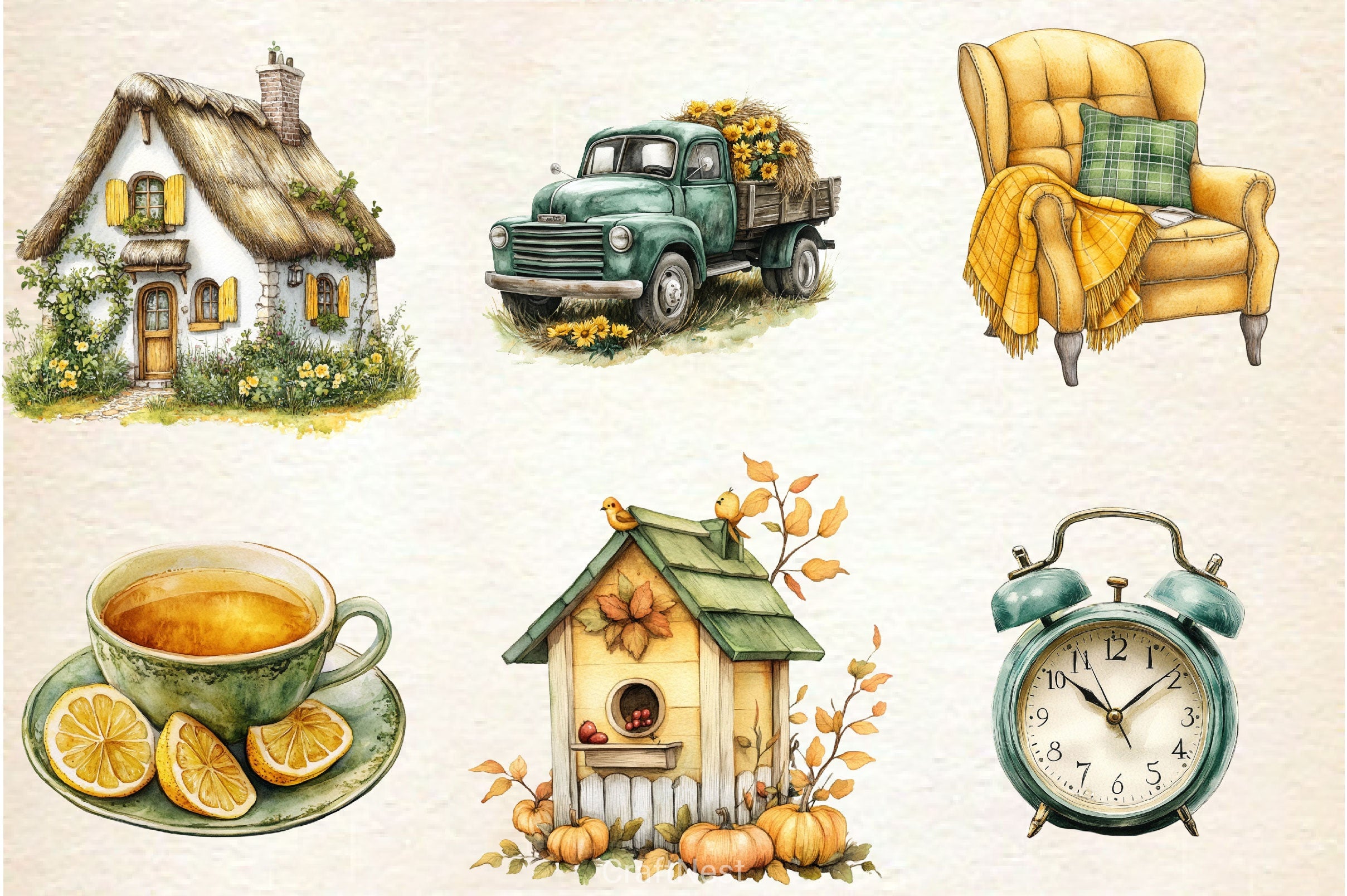 Yellow Green Autumn Cottage Clipart Bundle 2 - CraftNest - Digital Crafting and Art