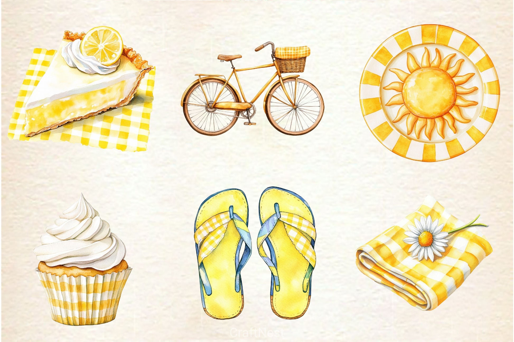 Yellow Gingham Summer Clipart Bundle - CraftNest - Digital Crafting and Art