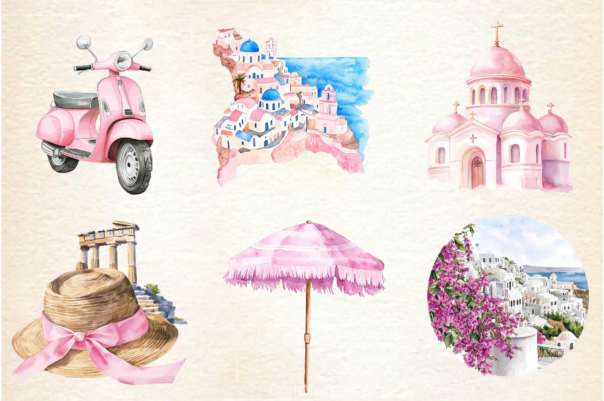 Pink Summer Santorini Travel Clipart Bundle 2 - CraftNest - Digital Crafting and Art