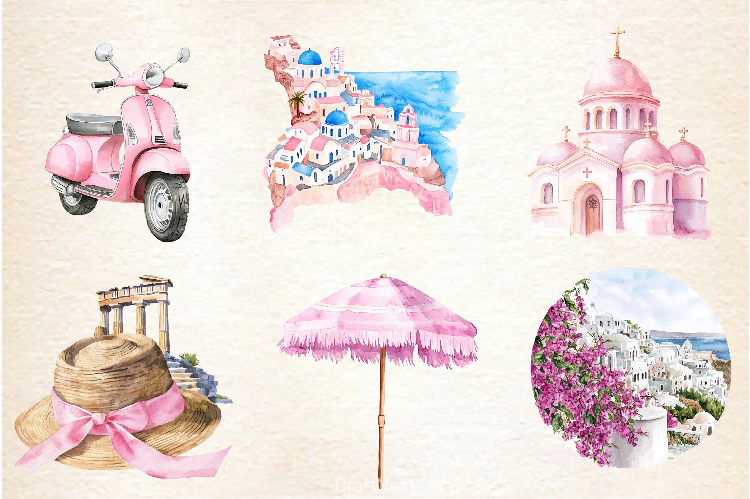 Pink Summer Santorini Travel Clipart Bundle 2 - CraftNest - Digital Crafting and Art