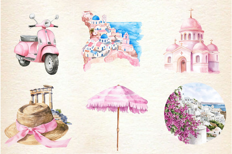 Pink Summer Santorini Travel Clipart Bundle 2 - CraftNest - Digital Crafting and Art
