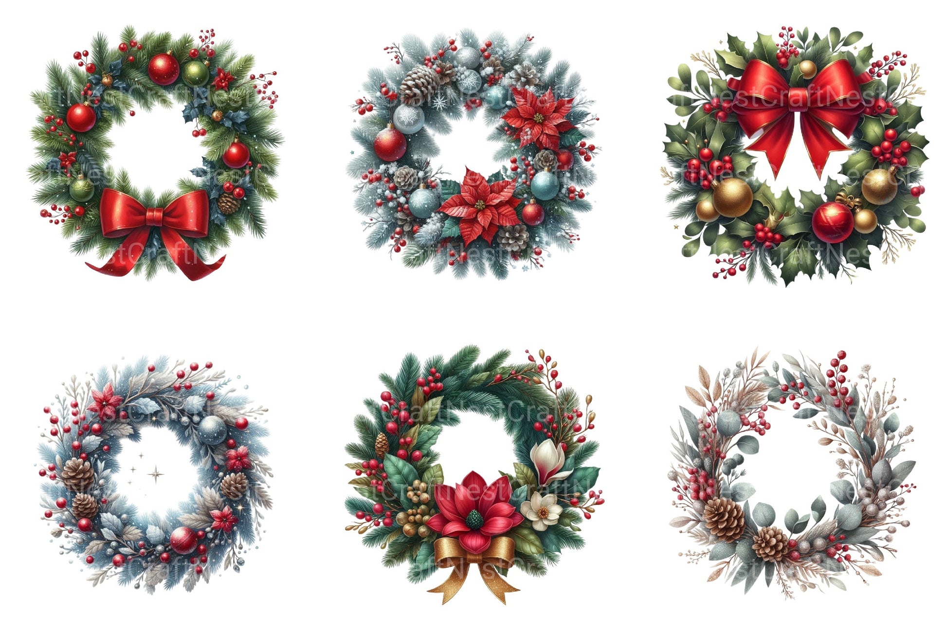 Grandmillennial Christmas Wreath Clipart Bundle for Commercial Use - CraftNest - Digital Crafting and Art