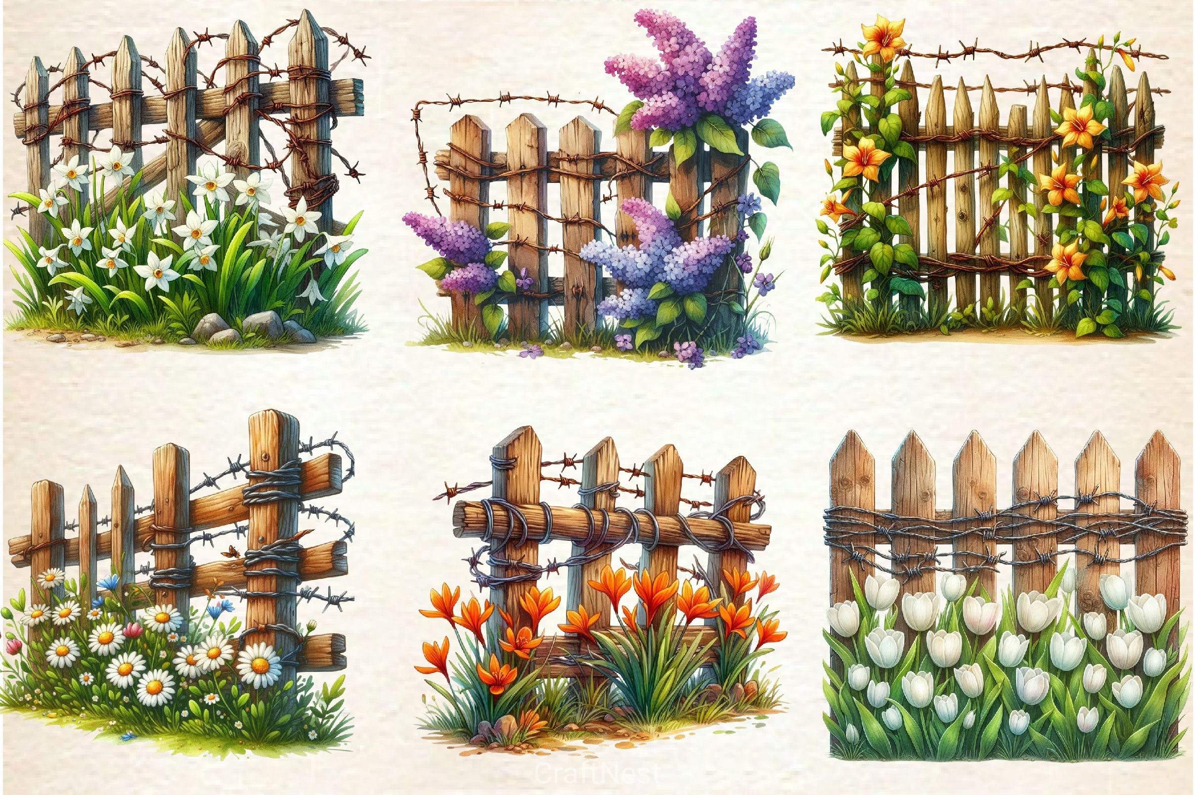 Rustic Fence With Flowers Clipart Bundle - CraftNest - Digital Crafting and Art
