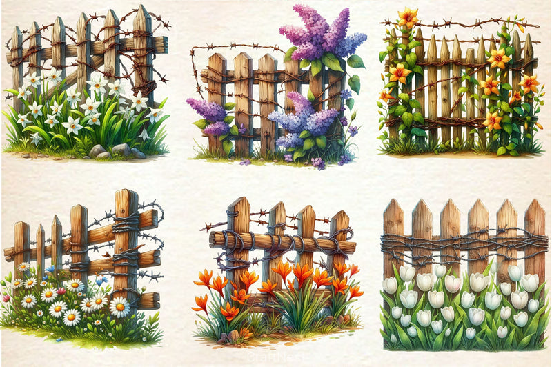 Rustic Fence With Flowers Clipart Bundle - CraftNest - Digital Crafting and Art