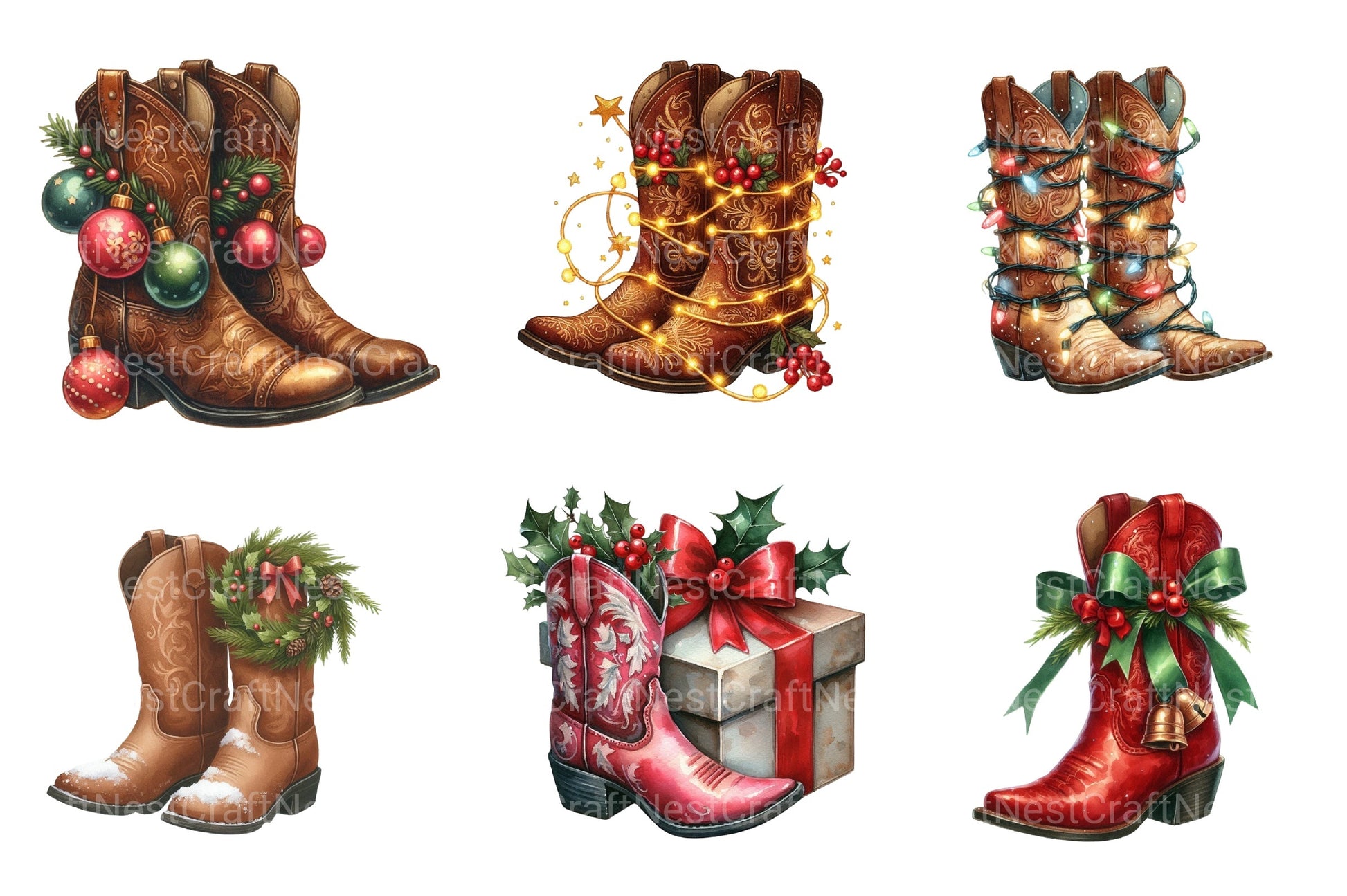 Festive Christmas Cowboy Boots Clipart Bundle - CraftNest - Digital Crafting and Art