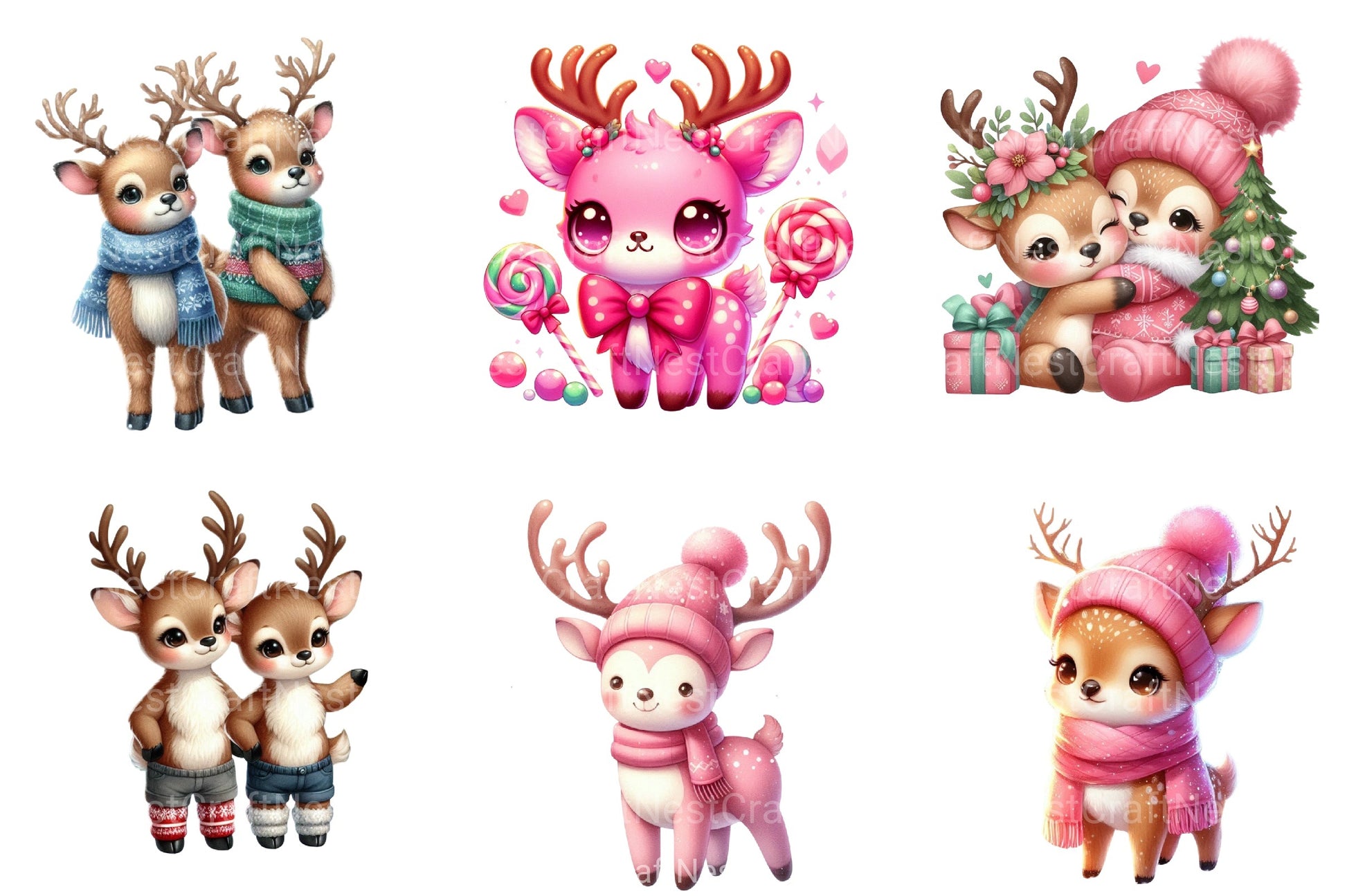 Cute Pink Reindeer & Santa Funny Christmas Clipart Bundle - CraftNest - Digital Crafting and Art