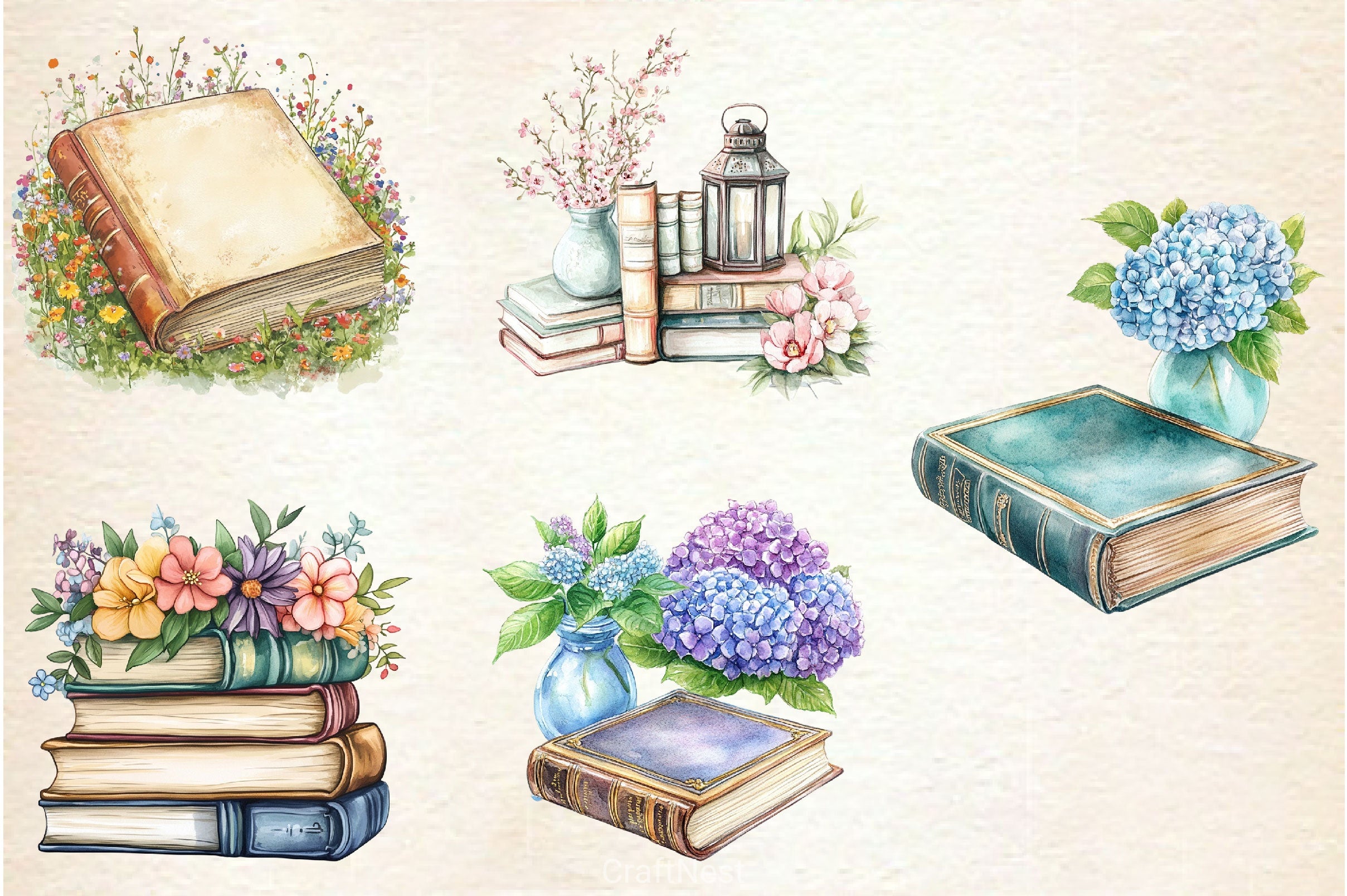 Old Books With Floral Clipart Bundle - CraftNest - Digital Crafting and Art