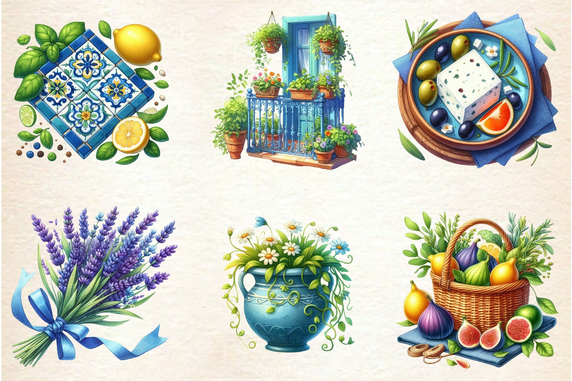 Blue Summer Mediterranean Clipart Bundle - CraftNest - Digital Crafting and Art