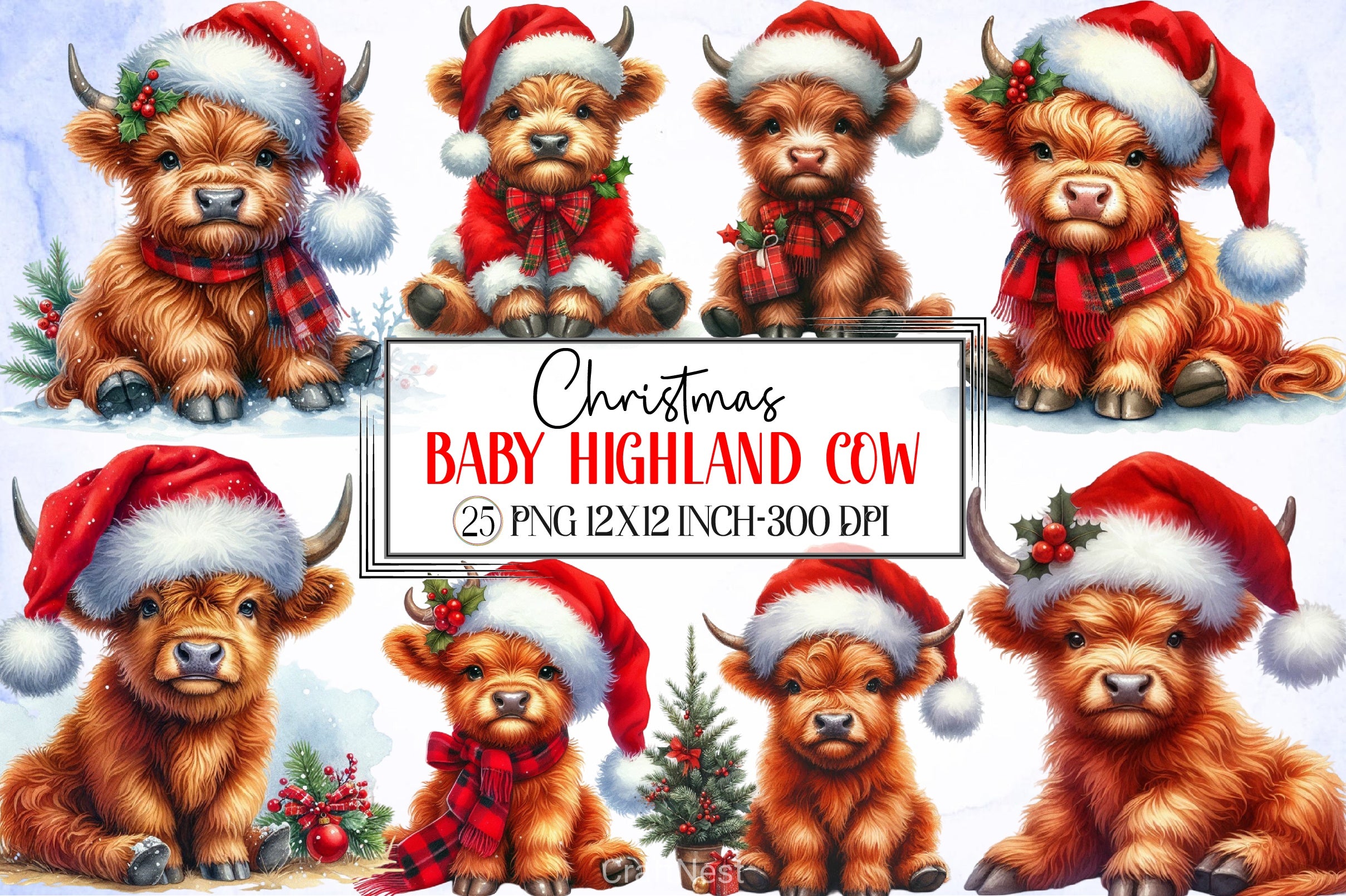 Christmas Baby Highland Cow Clipart Bundle - CraftNest - Digital Crafting and Art