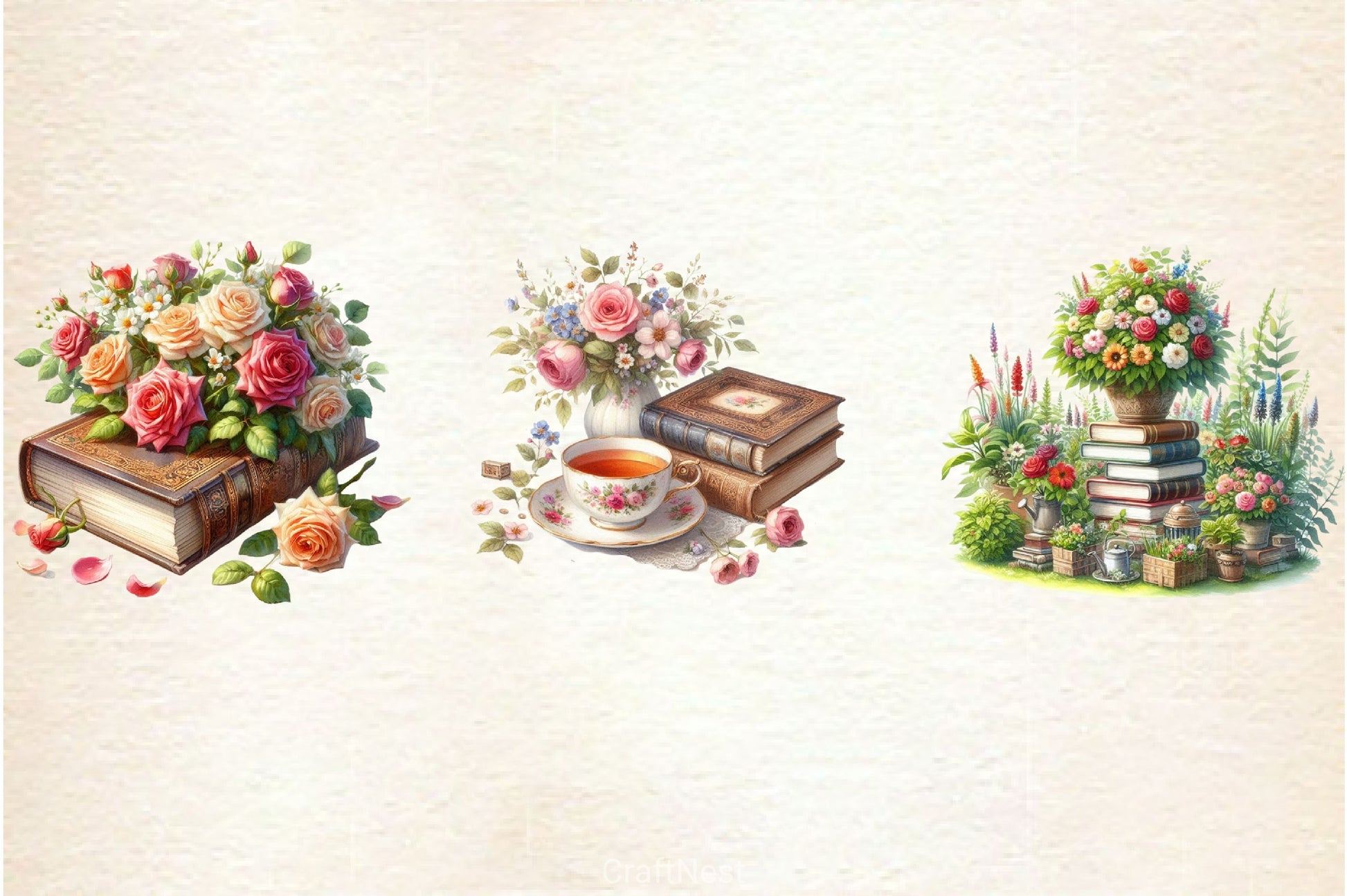 Old Books With Flowers Clipart Bundle 2 - CraftNest - Digital Crafting and Art