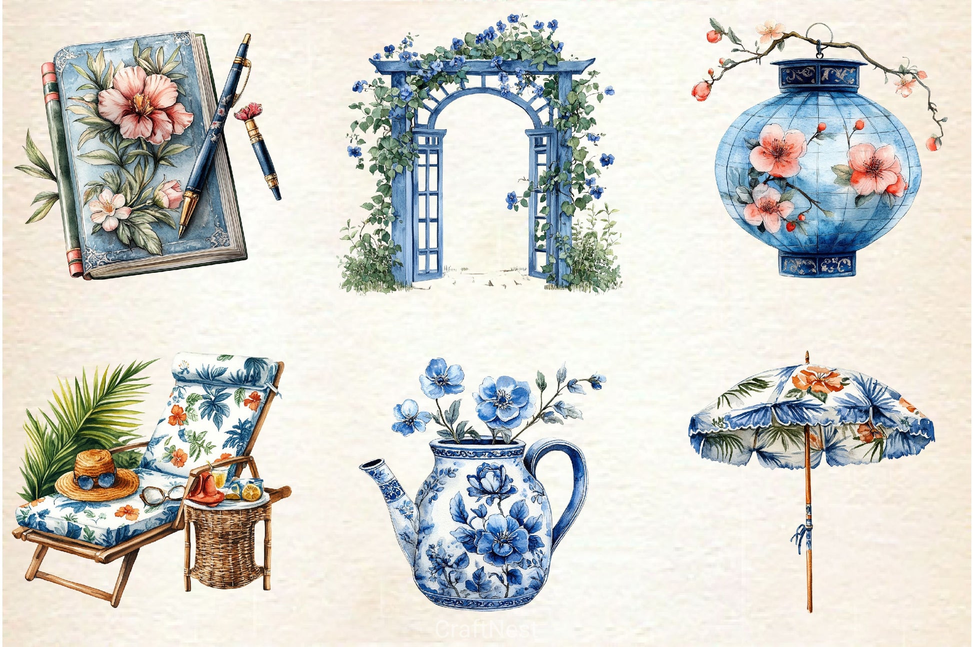 Blue Chinoiserie Summer Clipart Bundle 3 - CraftNest - Digital Crafting and Art