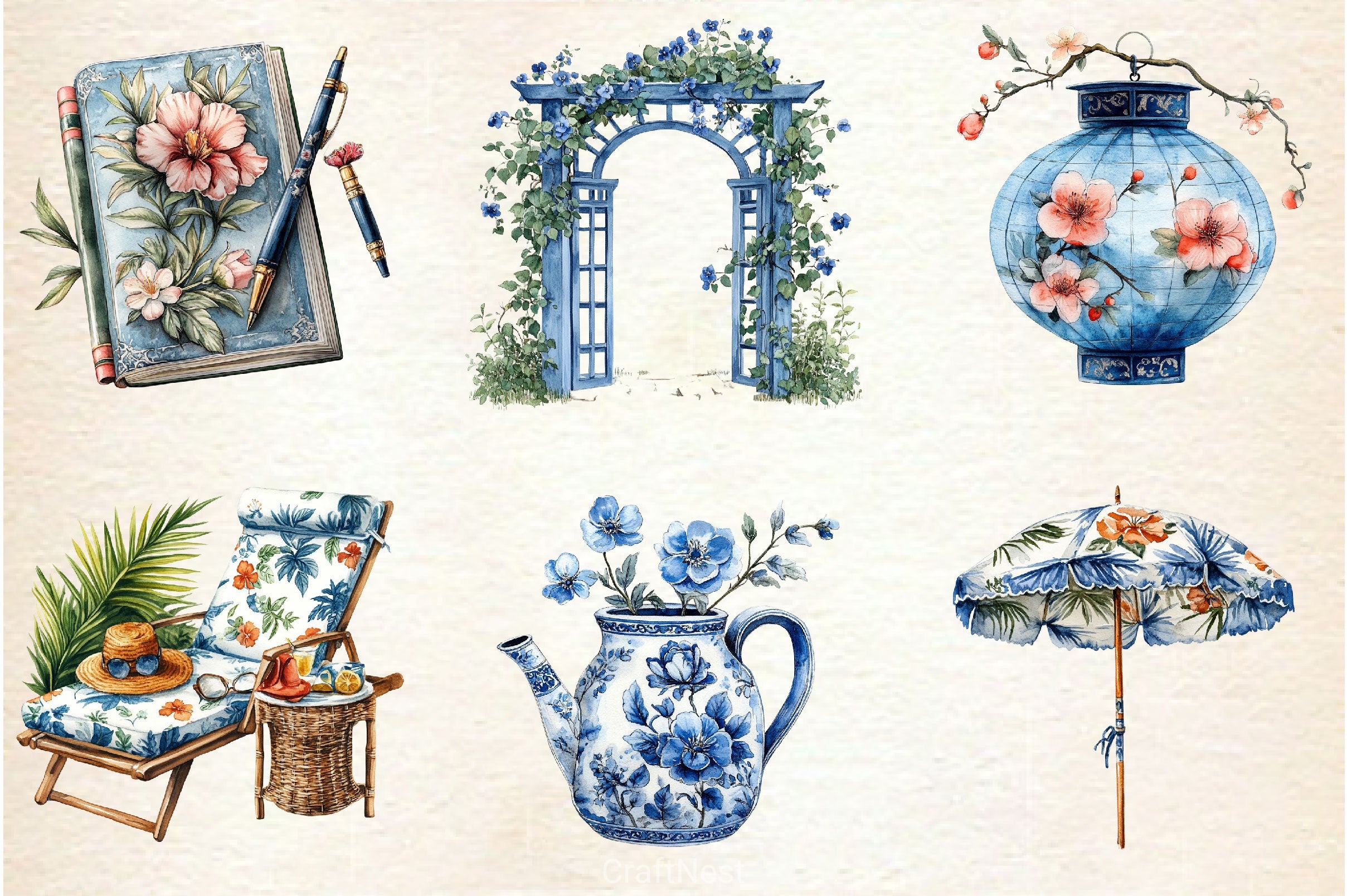 Blue Chinoiserie Summer Clipart Bundle 3 - CraftNest - Digital Crafting and Art
