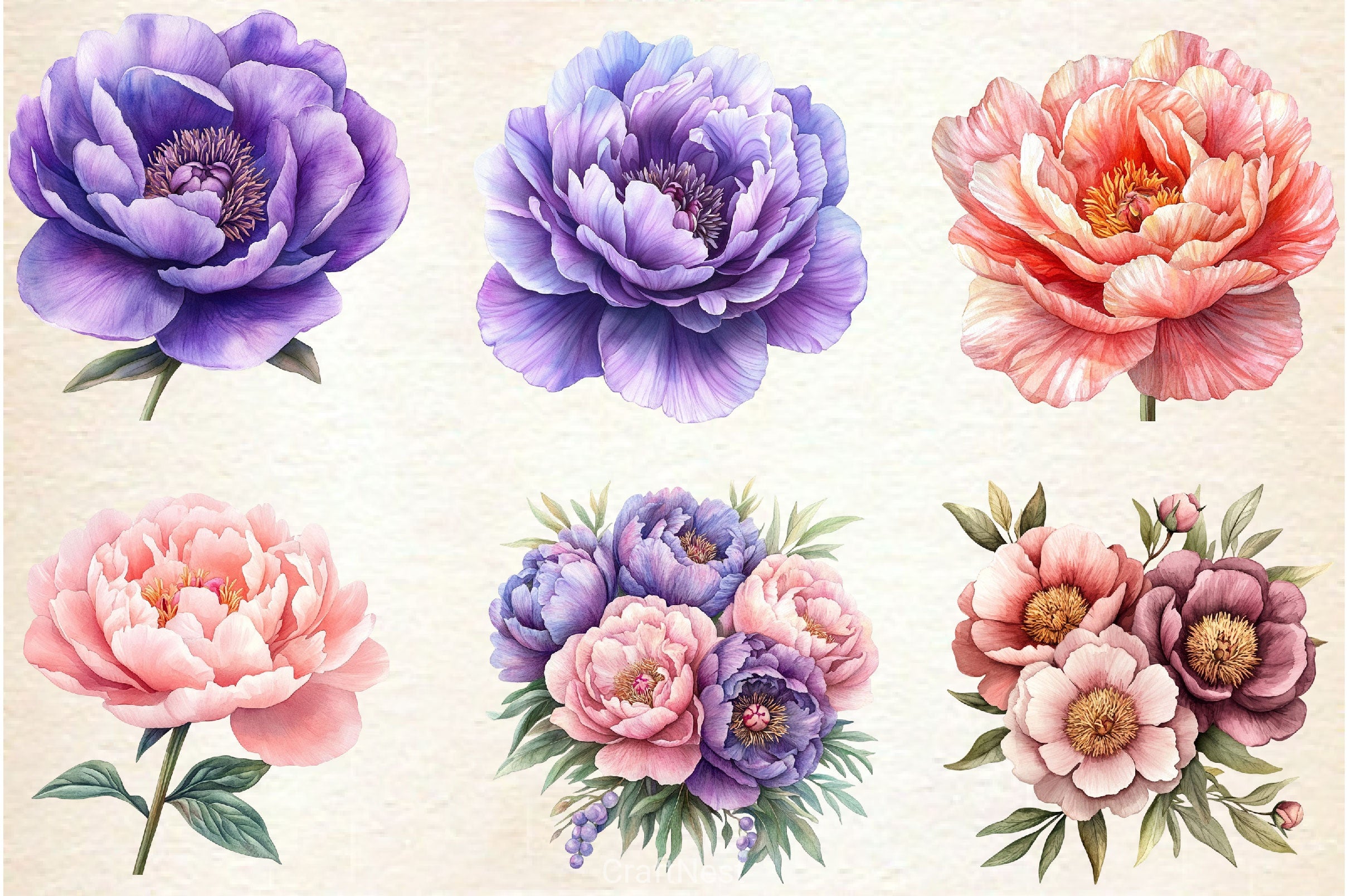 Pink & Purple Peony Flowers Clipart Bundle - CraftNest - Digital Crafting and Art
