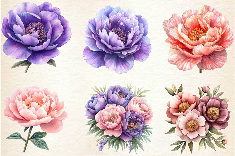Pink & Purple Peony Flowers Clipart Bundle - CraftNest - Digital Crafting and Art