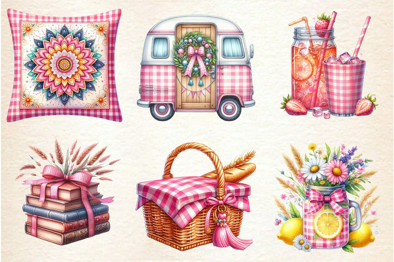 Bohemian Pink Gingham Summer Clipart Bundle 2 - CraftNest - Digital Crafting and Art