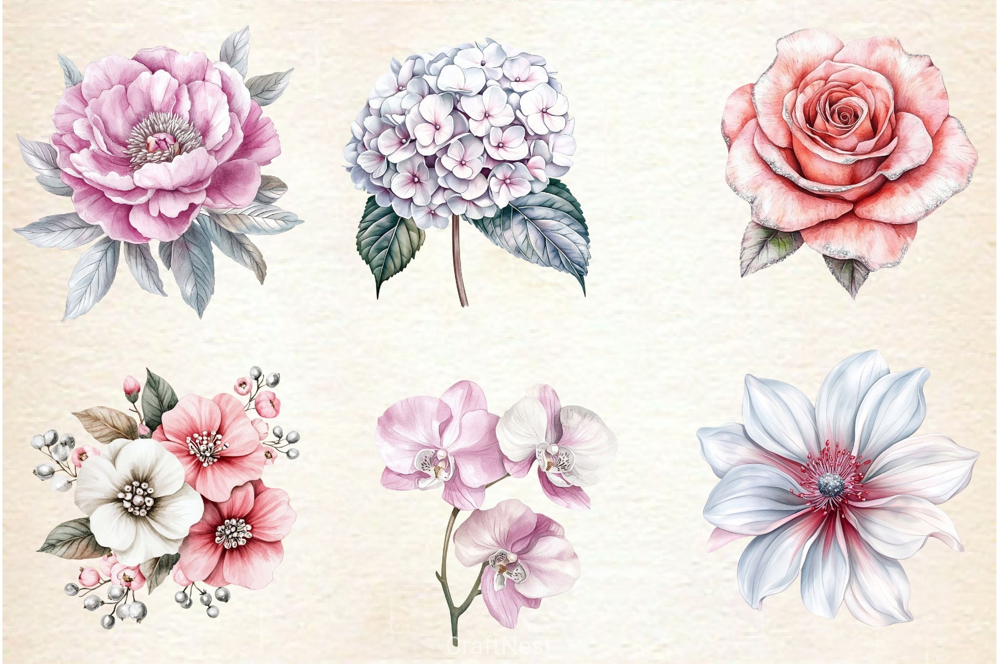Pink White And Silver Floral Clipart Bundle - CraftNest - Digital Crafting and Art