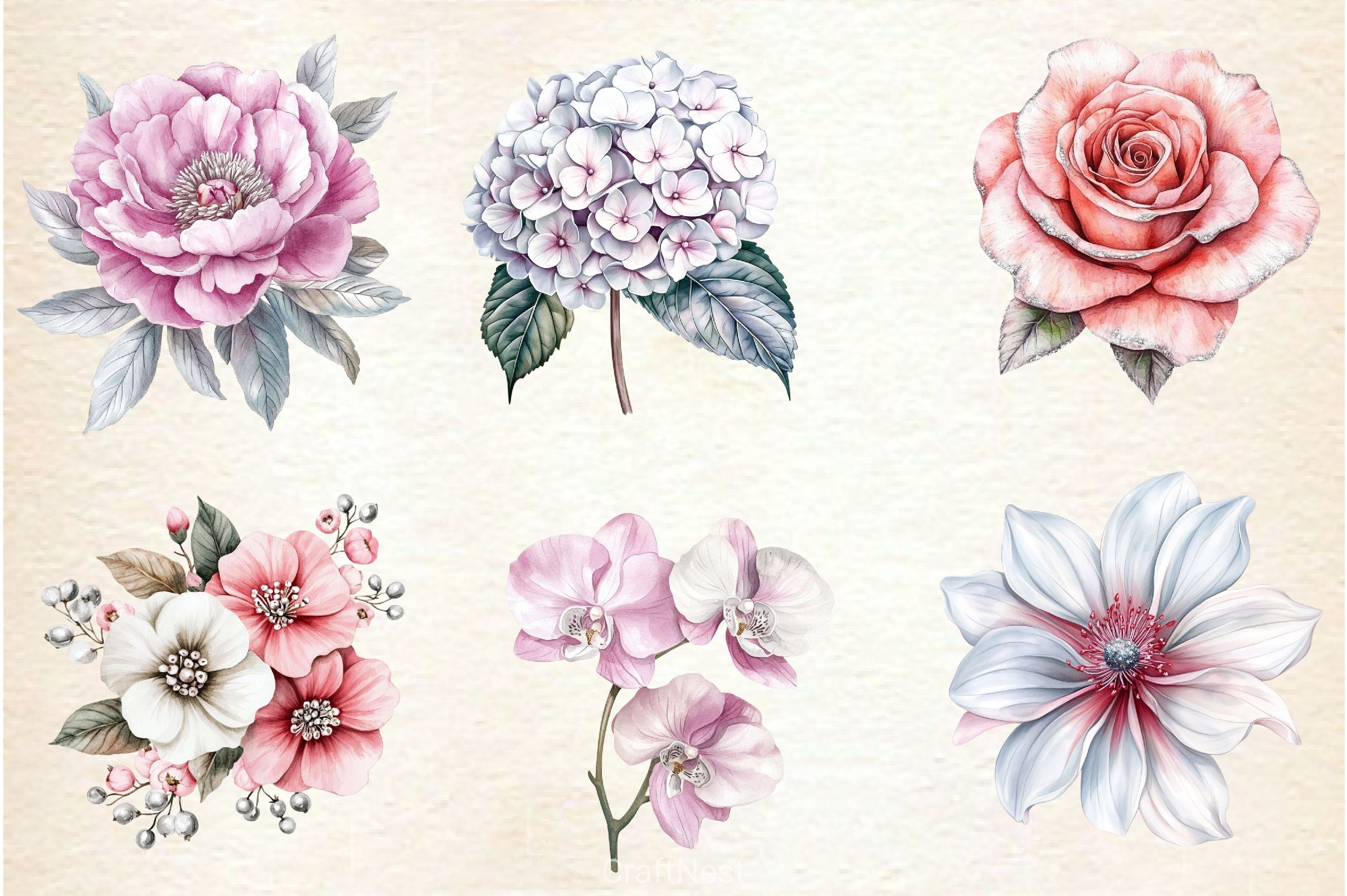 Pink White And Silver Floral Clipart Bundle - CraftNest - Digital Crafting and Art