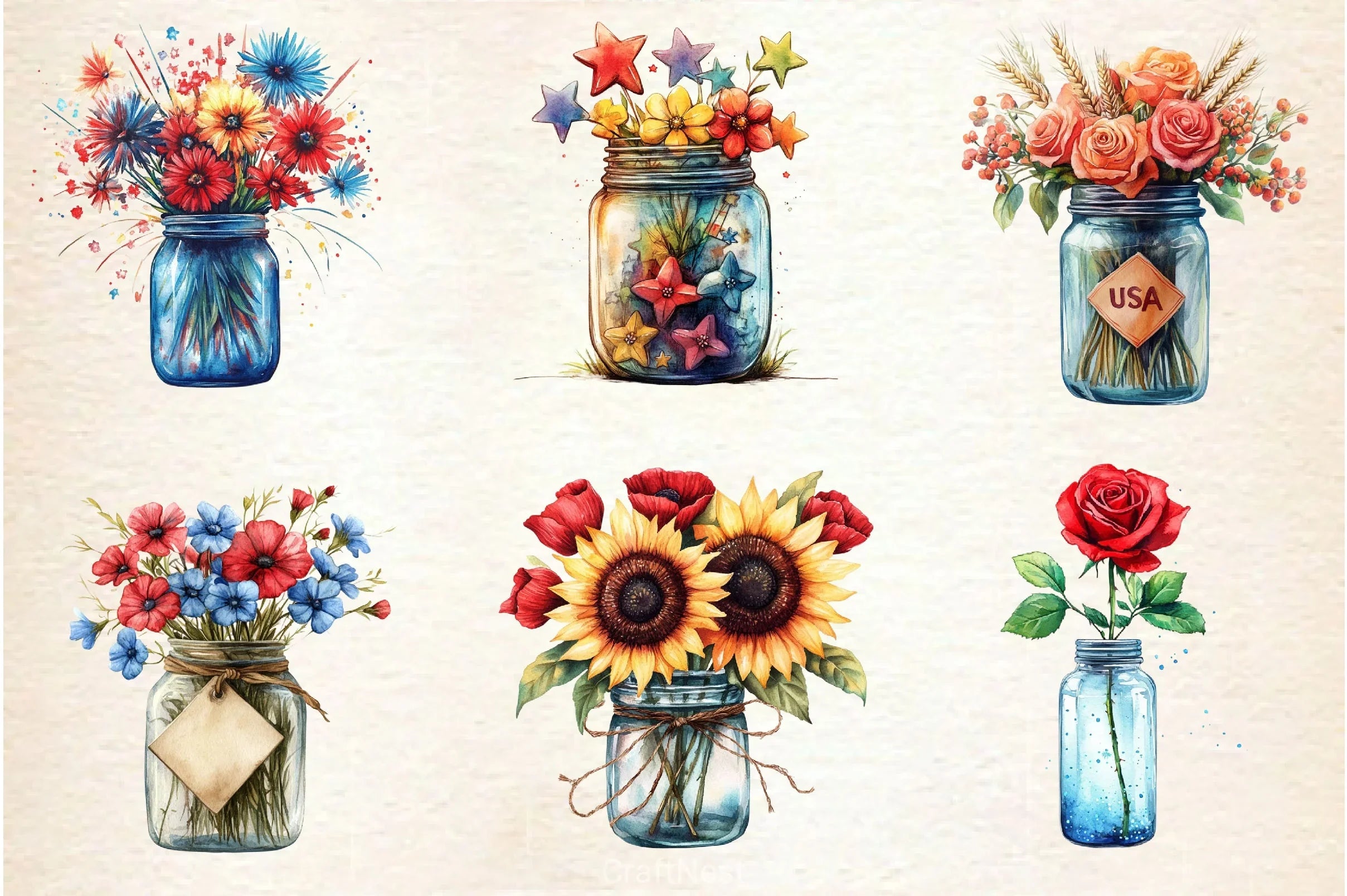 Flowers In Jar 4th Of July Clipart Bundle - CraftNest - Digital Crafting and Art